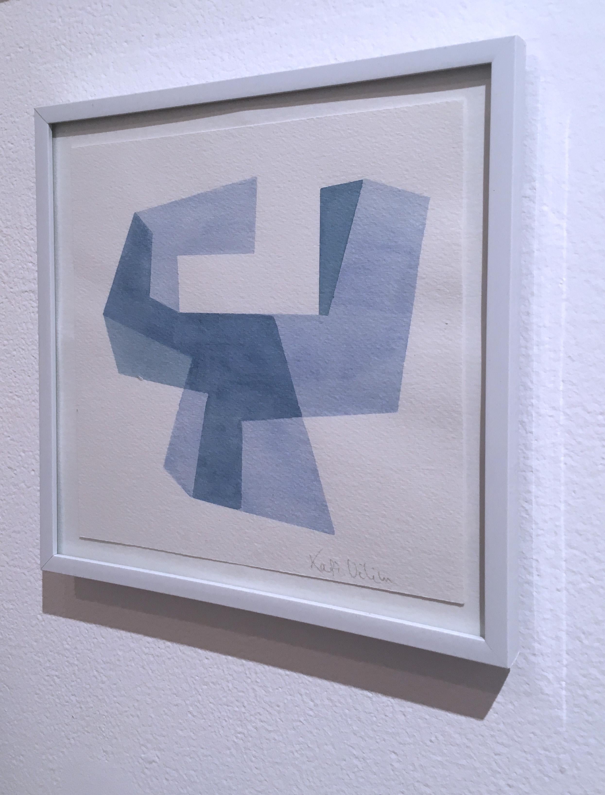 Almost Objectified V, 2020, Abstract geometry, non-objective, Watercolor on paper.  Custom framed in a white metal thin profile frame. Gray, blue, and white. Frame size 8
