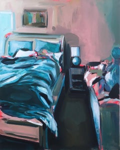 Vacation Nap, oil on canvas, impressionist, pastel, interior, bedroom, pink