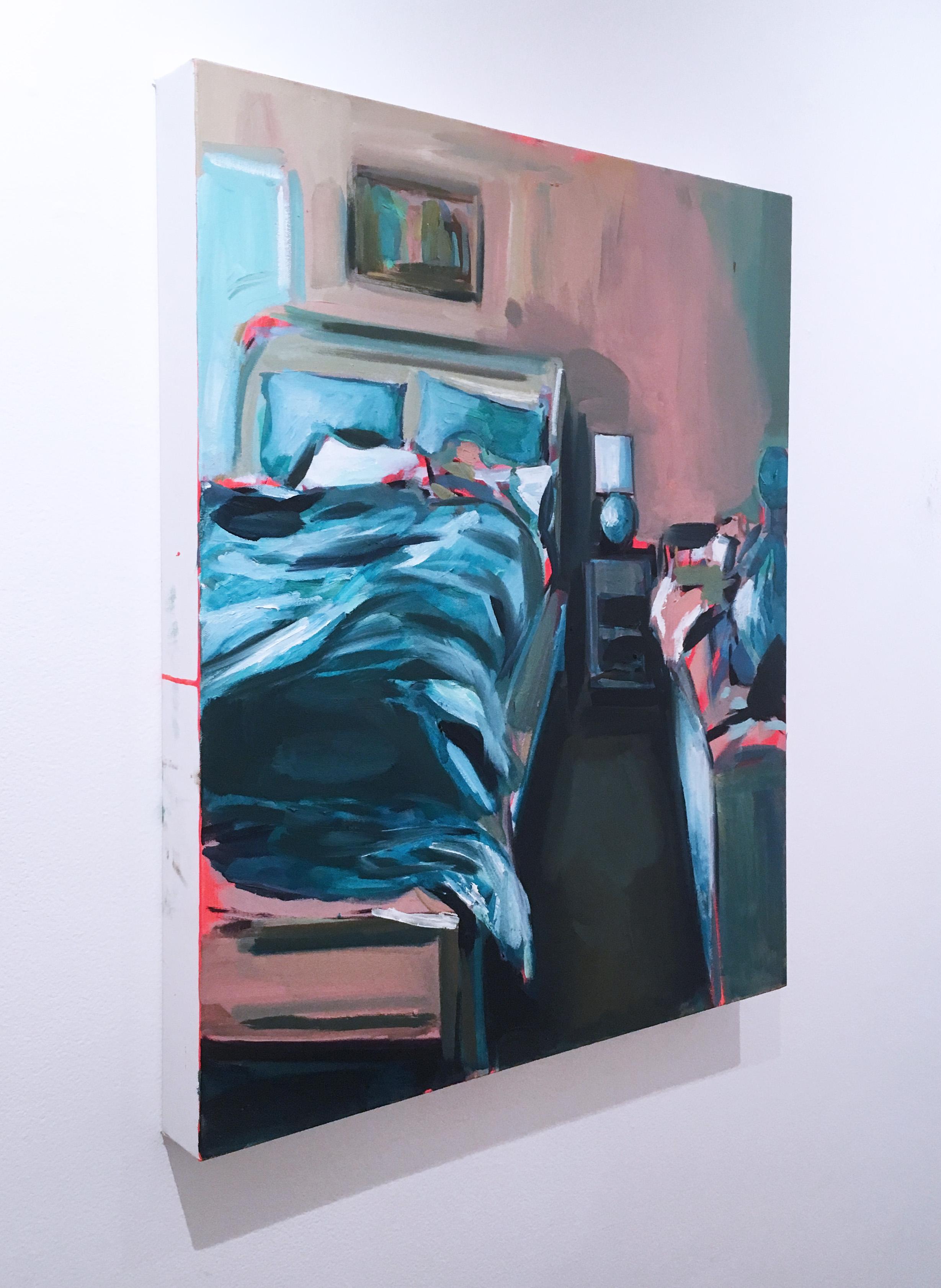 Vacation Nap, oil on canvas, impressionist, pastel, interior, bedroom, pink - Blue Interior Painting by Ekaterina Popova