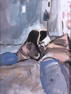 Reading In Bed, 2019, watercolor, gouache, interior, frame, figurative, sunlight