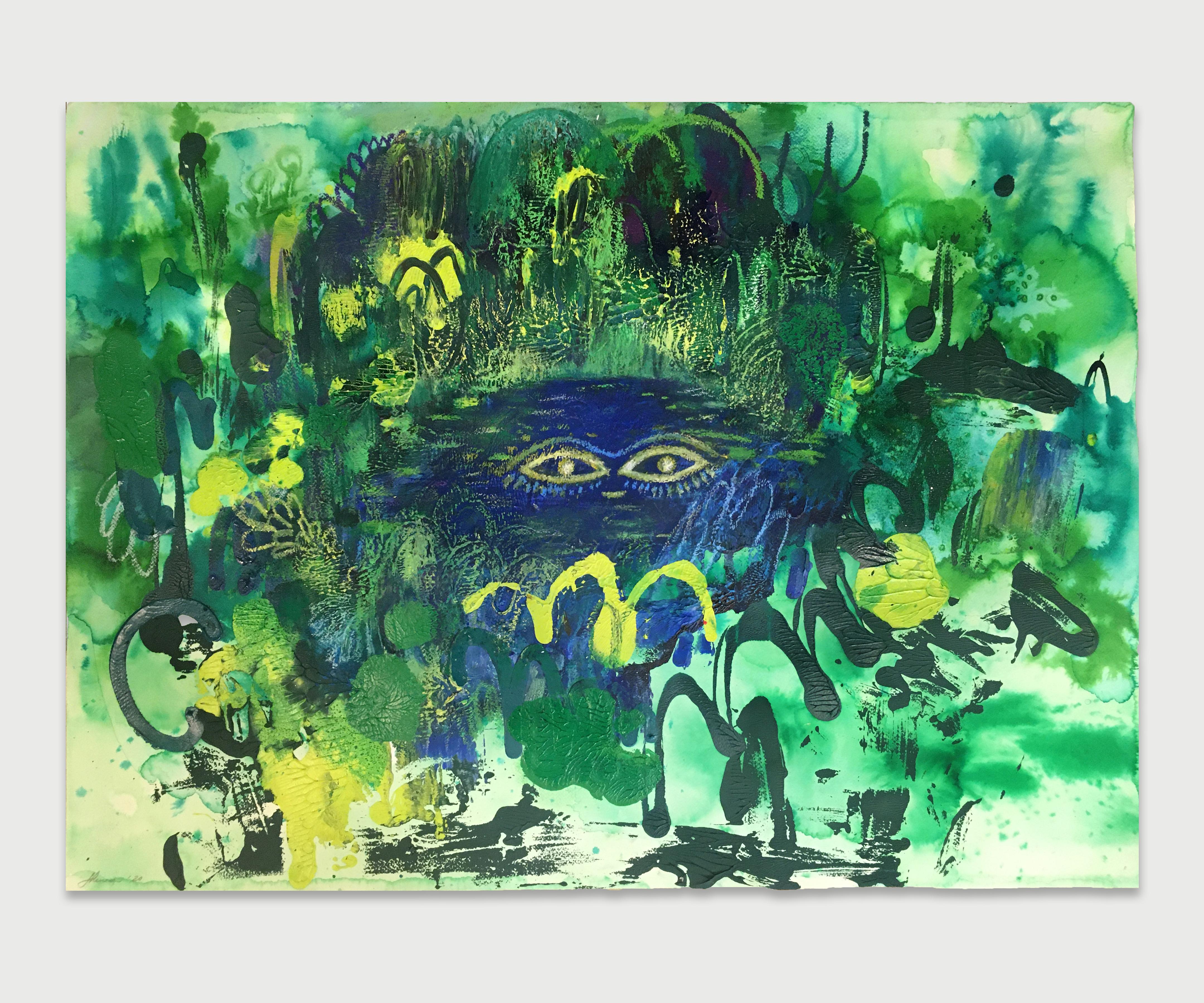 Pond Friend, 2020, watercolor, oil pastel, green, frame, landscape, fantasy - Painting by Shamona Stokes