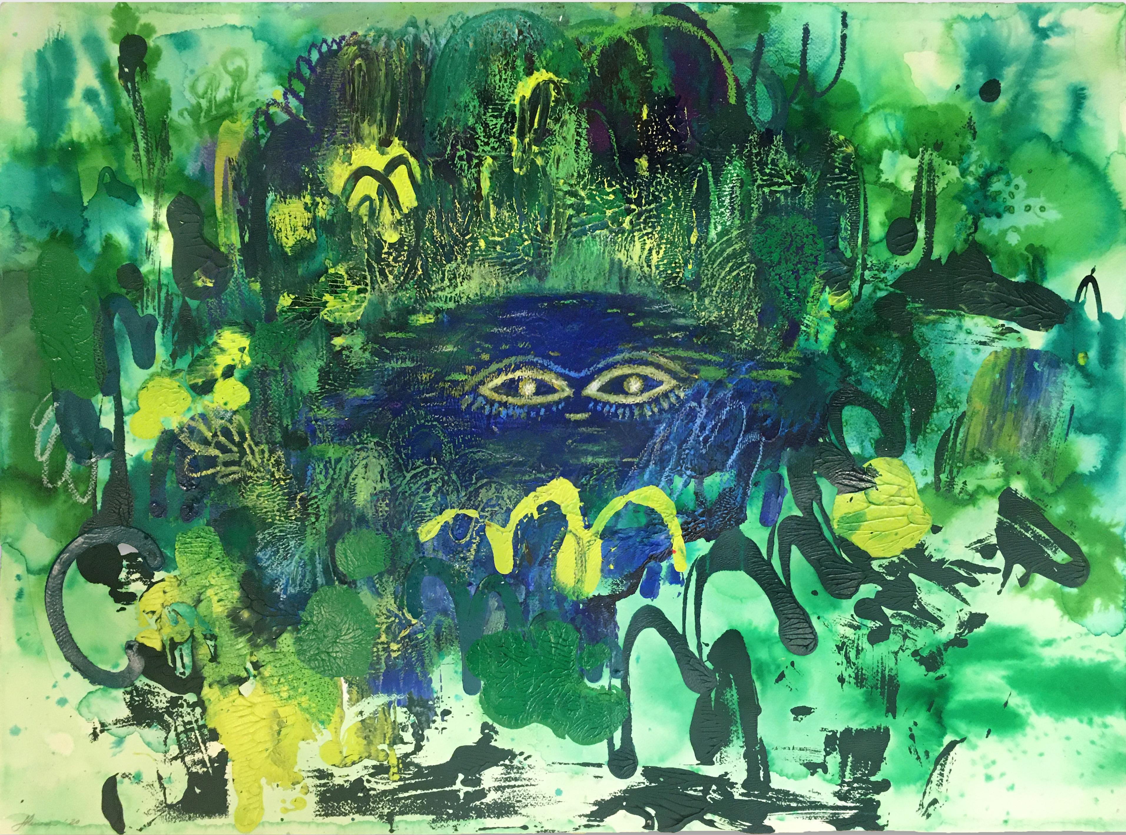 Shamona Stokes Landscape Painting - Pond Friend, 2020, watercolor, oil pastel, green, frame, landscape, fantasy