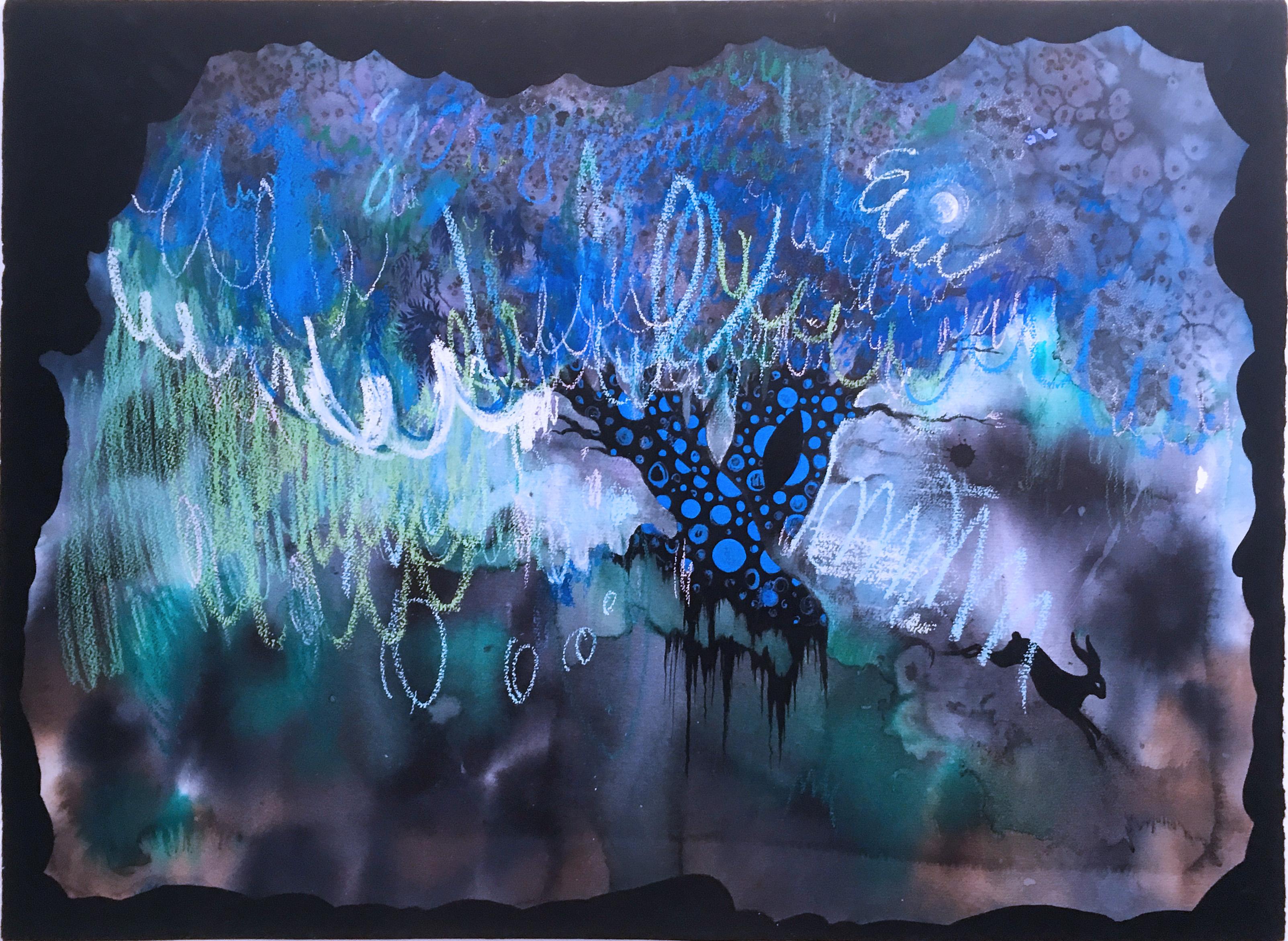 Dark Night, 2020, watercolor, oil pastel, black, frame, landscape, fantasy, blue