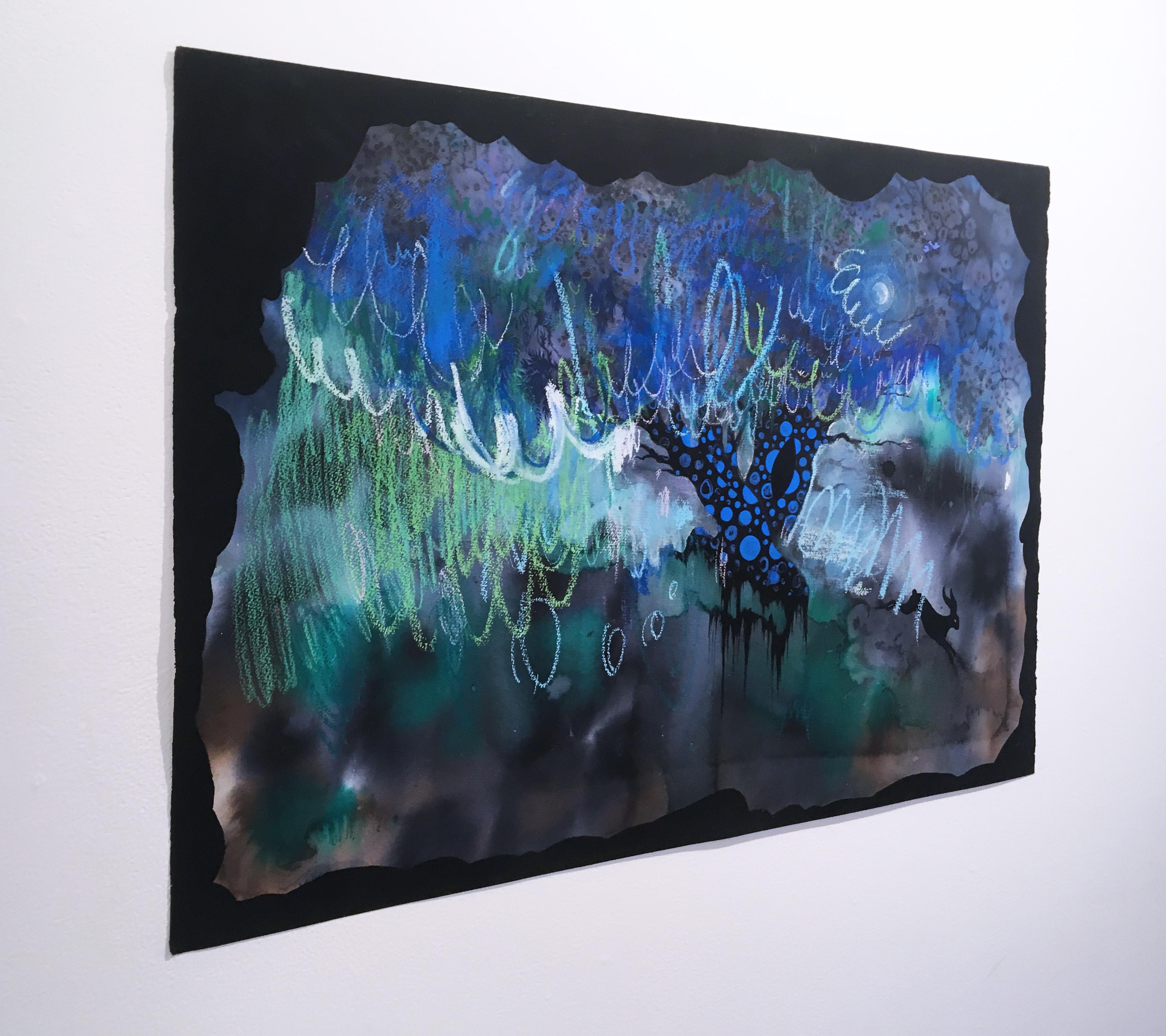 Dark Night, 2020, watercolor, oil pastel, black, frame, landscape, fantasy, blue - Art by Shamona Stokes
