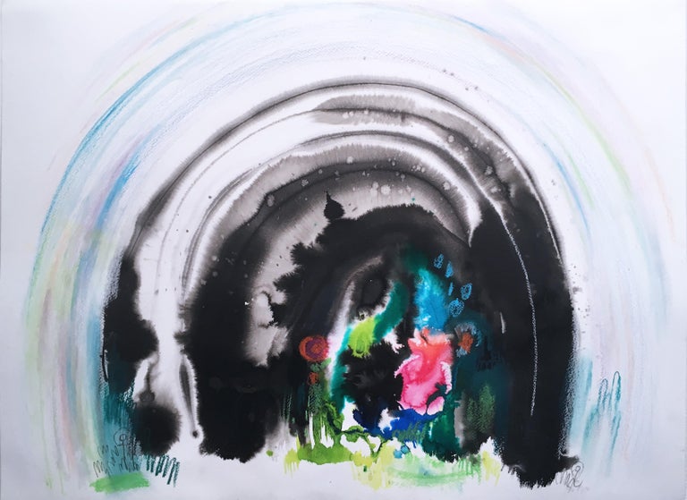 Shamona Stokes Landscape Painting - Bijoux Cave, 2020, watercolor, oil pastel, green, landscape, graphite, fantasy
