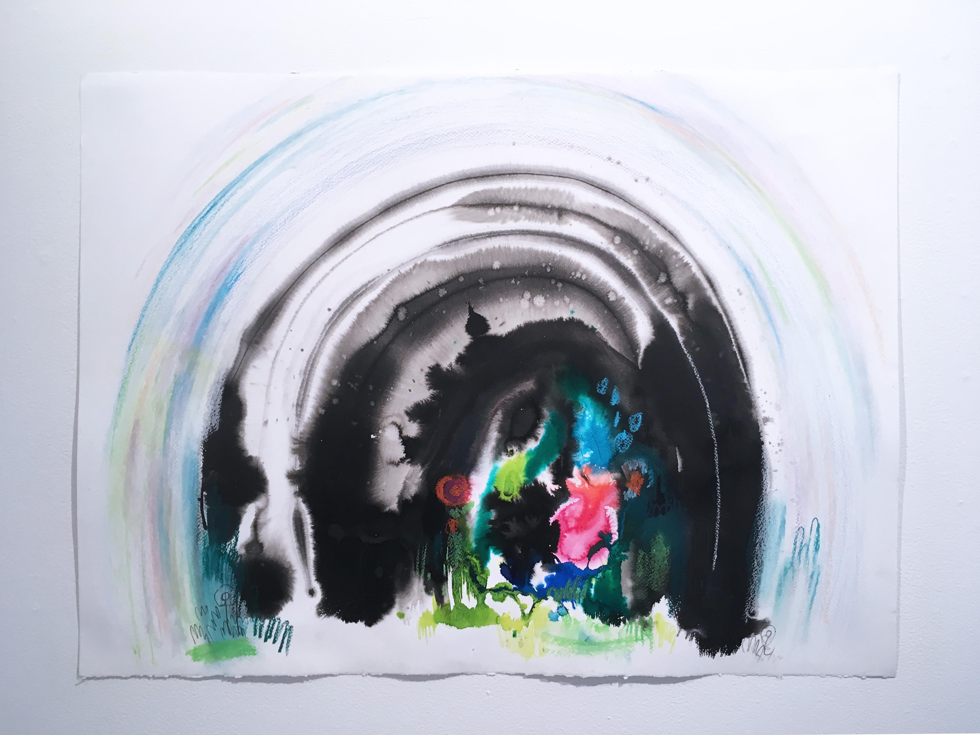 Bijoux Cave, 2020, watercolor, oil pastel, green, landscape, graphite, fantasy - Painting by Shamona Stokes