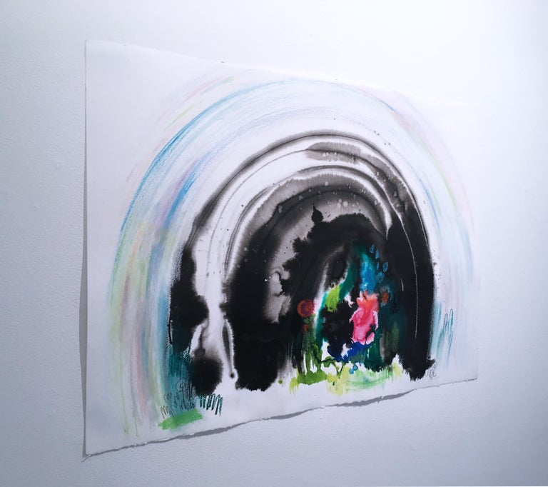 Bijoux Cave, 2020, watercolor, oil pastel, green, landscape, graphite, fantasy - Contemporary Painting by Shamona Stokes