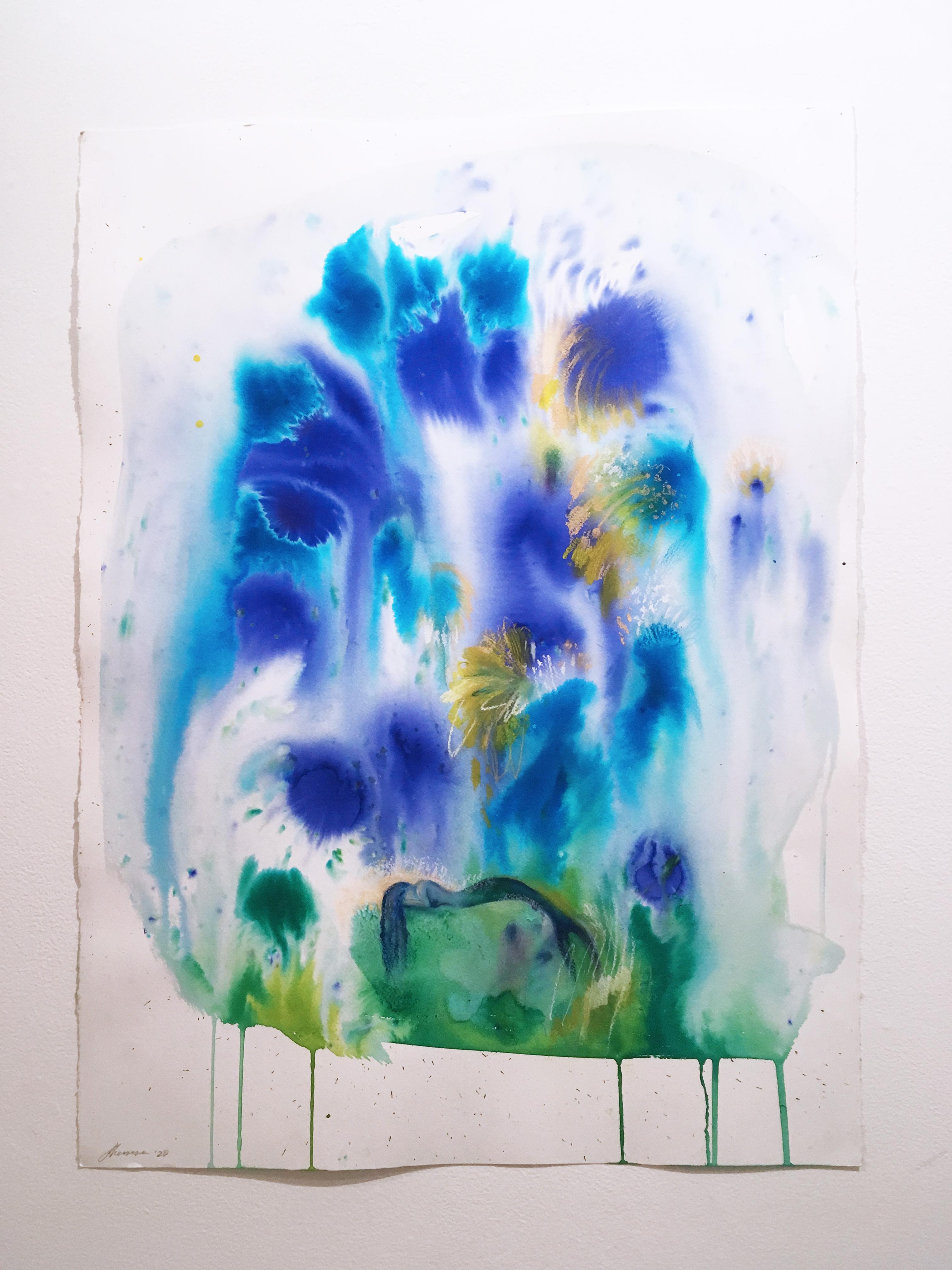 Anthemusa, 2020, watercolor, oil pastel, green, landscape, ink, fantasy, blue - Painting by Shamona Stokes