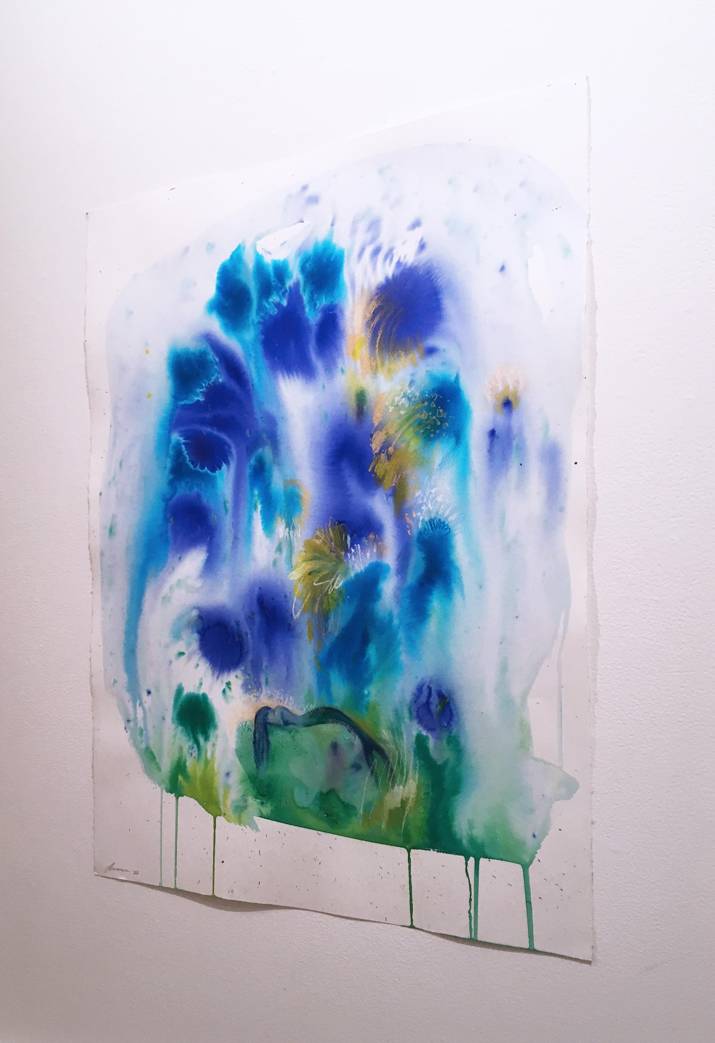 Anthemusa, 2020, aquarelle, pastel à l'huile, vert, paysage, encre, fantaisie, bleu - Contemporain Painting par Shamona Stokes