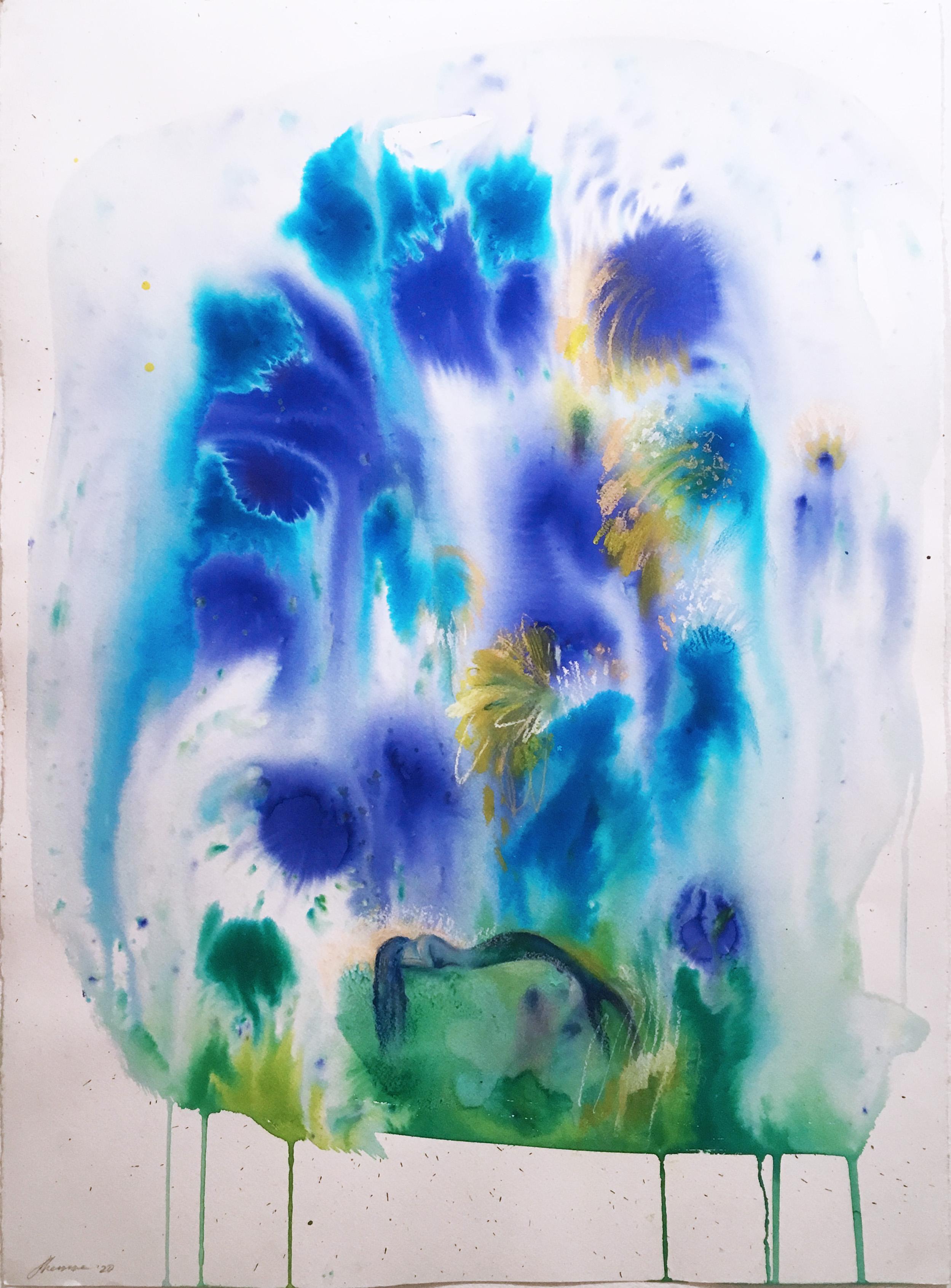 Anthemusa, 2020, watercolor, oil pastel, green, landscape, ink, fantasy, blue