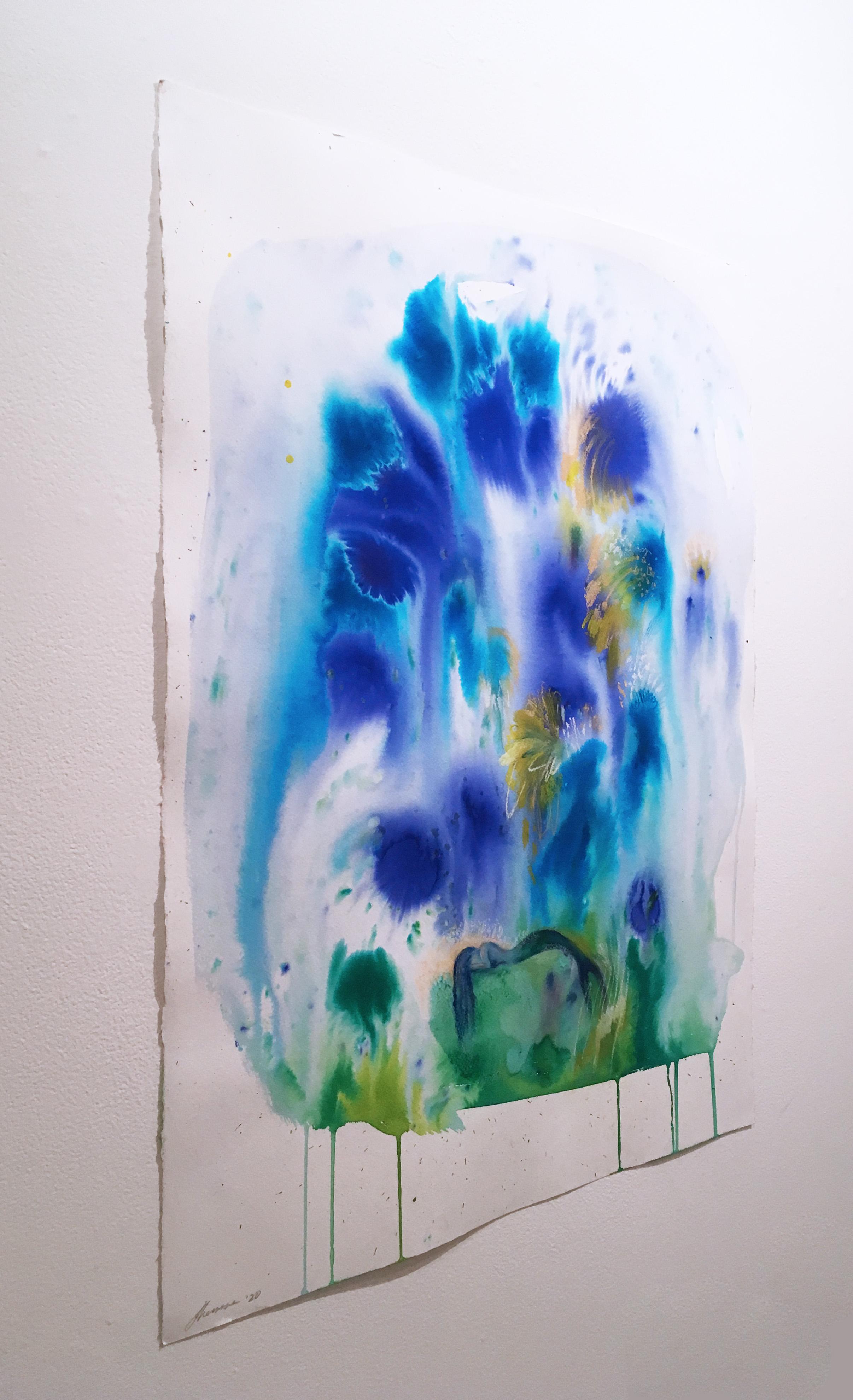 Anthemusa, 2020, aquarelle, pastel à l'huile, vert, paysage, encre, fantaisie, bleu - Gris Landscape Painting par Shamona Stokes