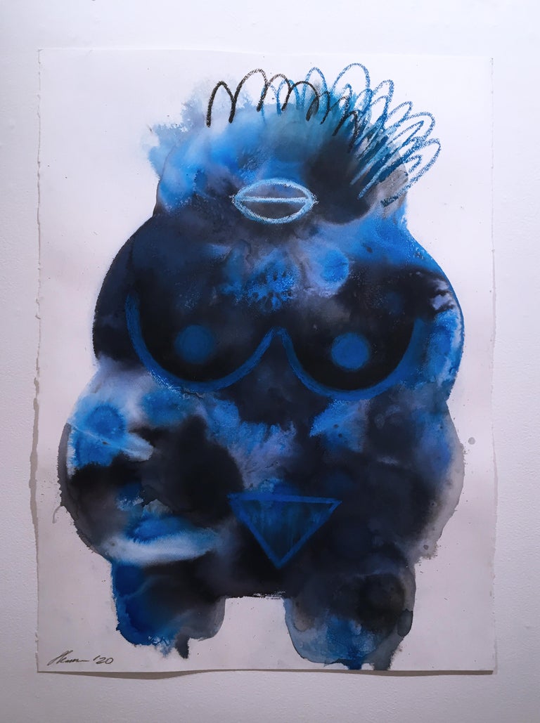 Blue Venus I, 2020, watercolor, oil pastel, blue, goddess, ink, fantasy - Art by Shamona Stokes
