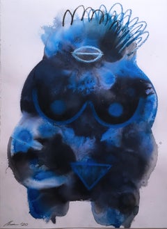 Blue Venus I, 2020, aquarelle, pastel à l'huile, bleu, déesse, encre, fantaisie