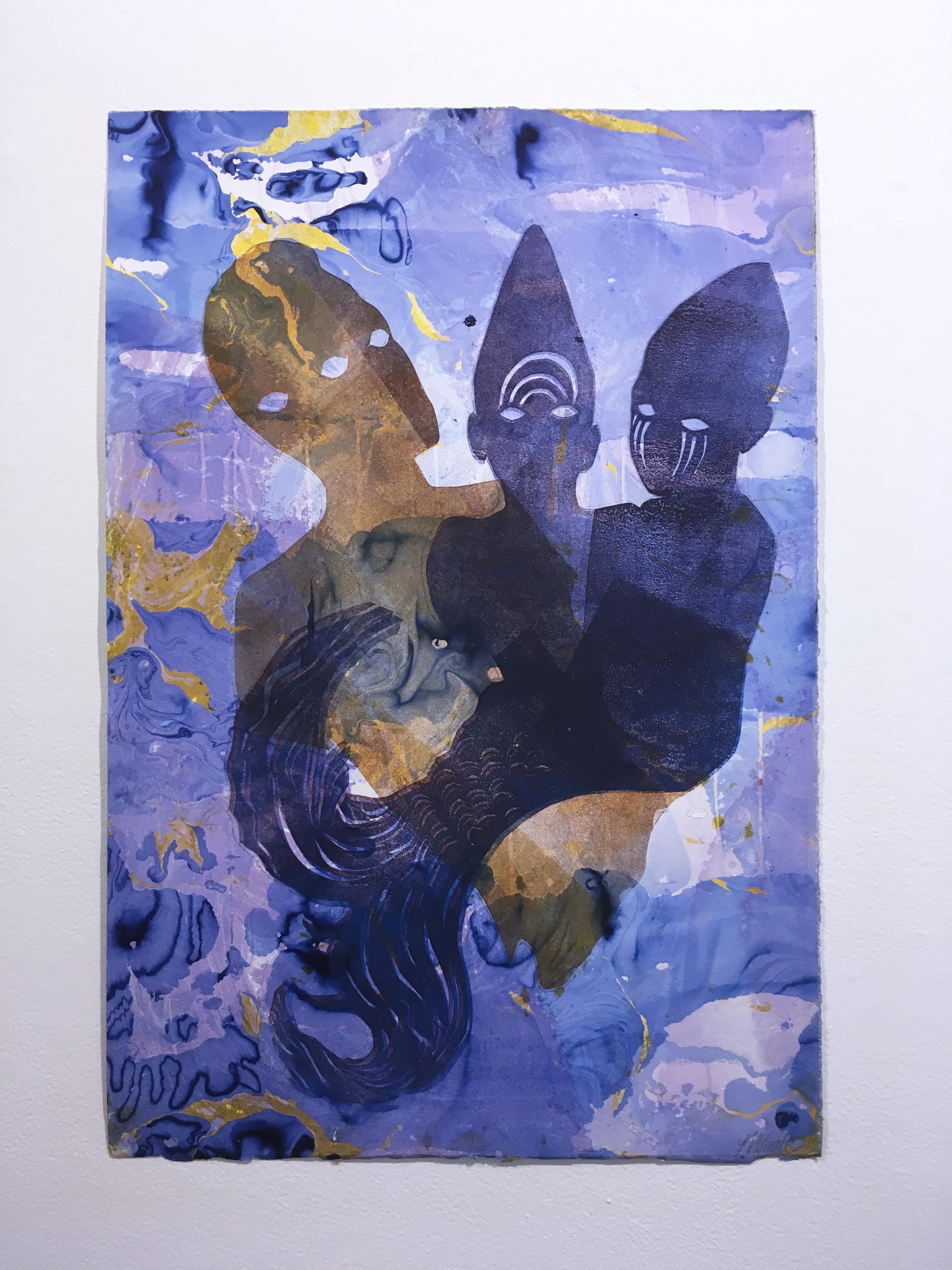 Purple Oxytocin Bath, 2018, monoprint, fantasy, marbled rag paper, purple, blue - Print by Loren Abbate