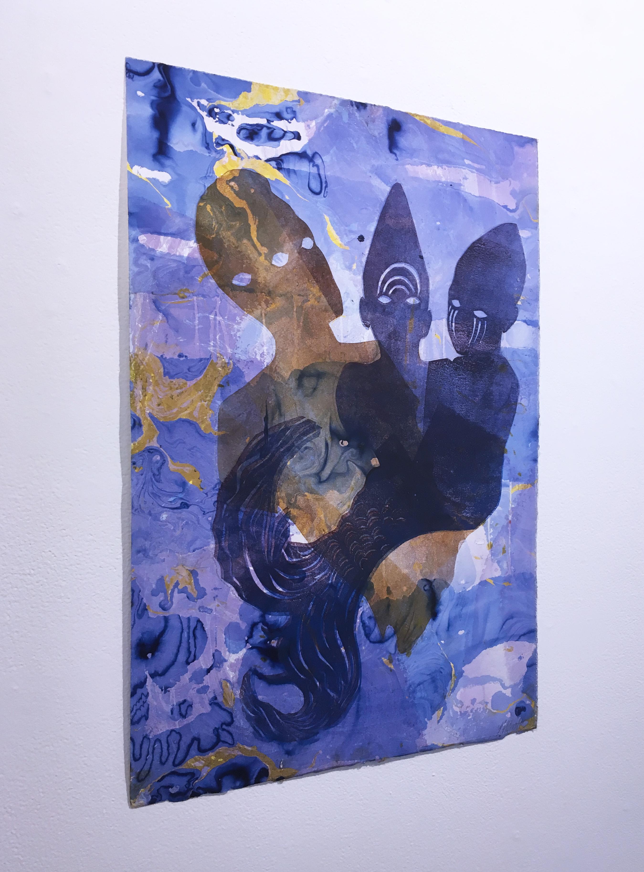 Baño de oxitocina morada, 2018, monocopia, fantasía, papel de trapo jaspeado, morado, azul - Print Contemporáneo de Loren Abbate