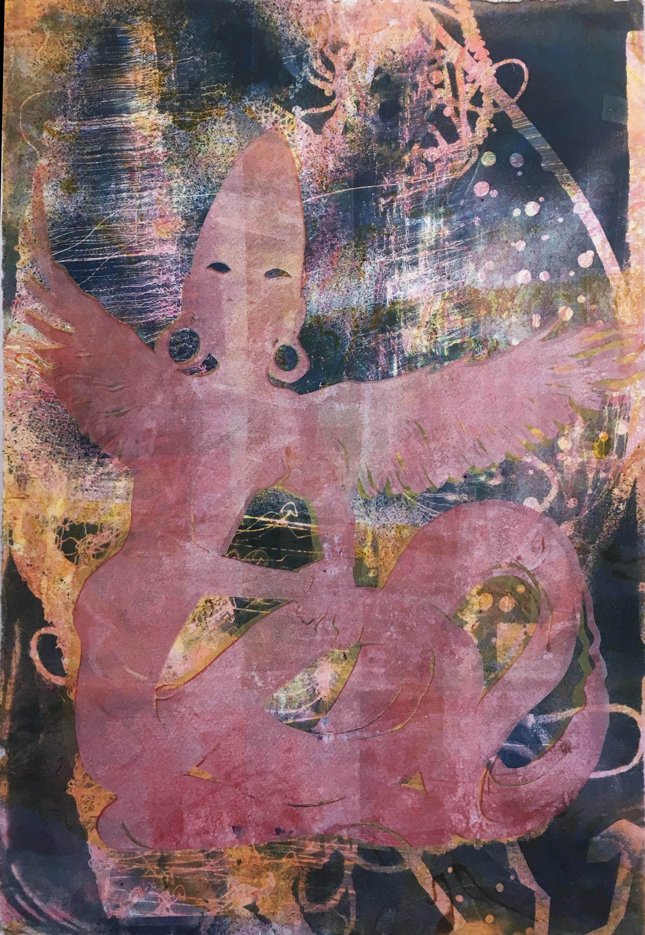 Naga Kanya, 2018, monoprint, fantasy, marbled rag paper, pink, purple, blue - Print by Loren Abbate