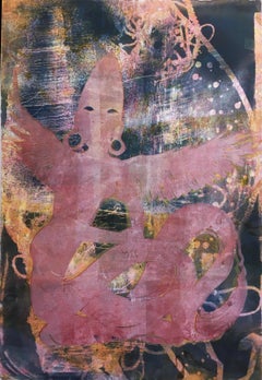 Naga Kanya, 2018, monoprint, fantasy, marbled rag paper, pink, purple, blue
