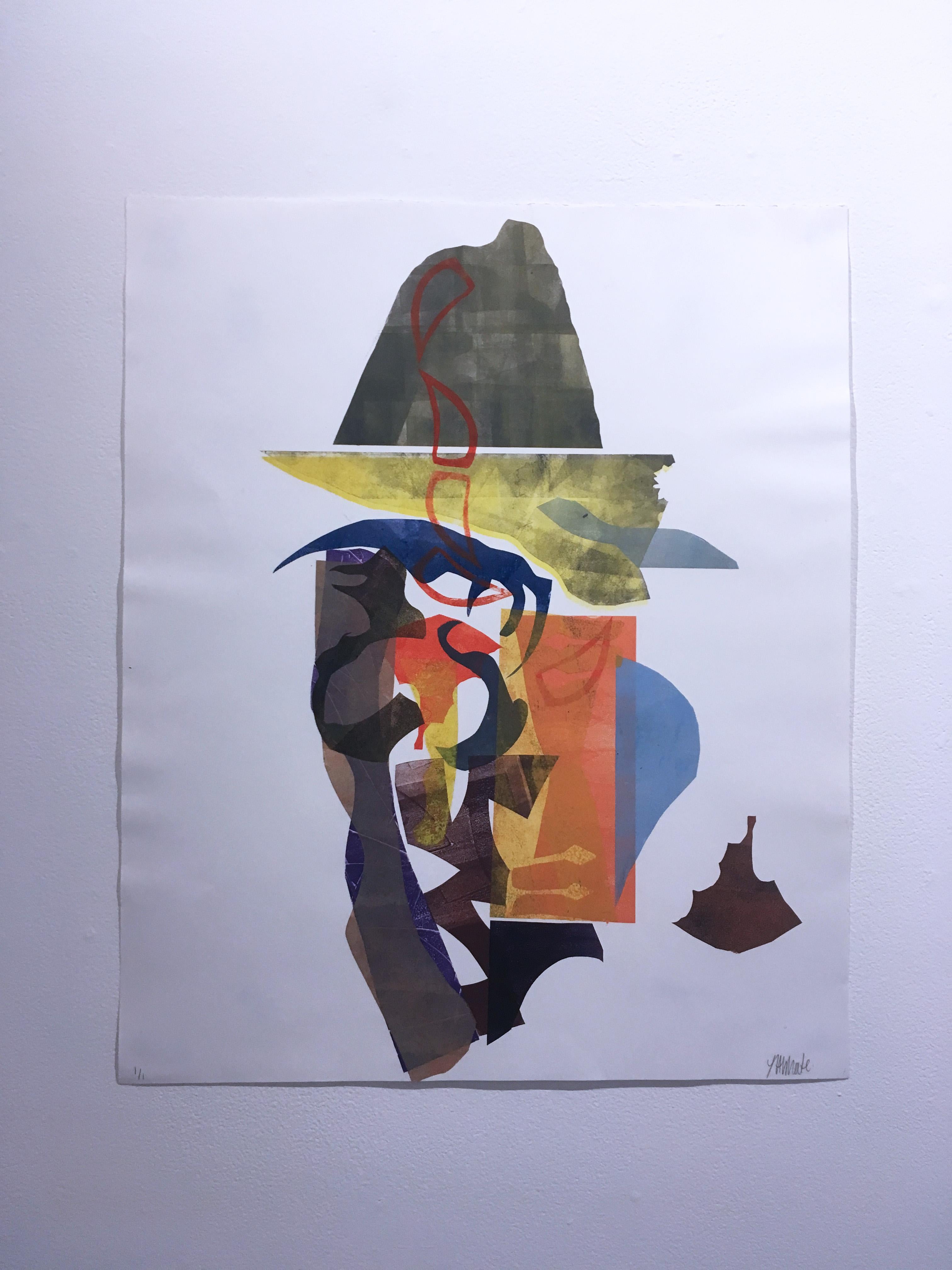 Park Ranger, 2018, monoprint, fantasy, rag paper, blue, orange - Print by Loren Abbate
