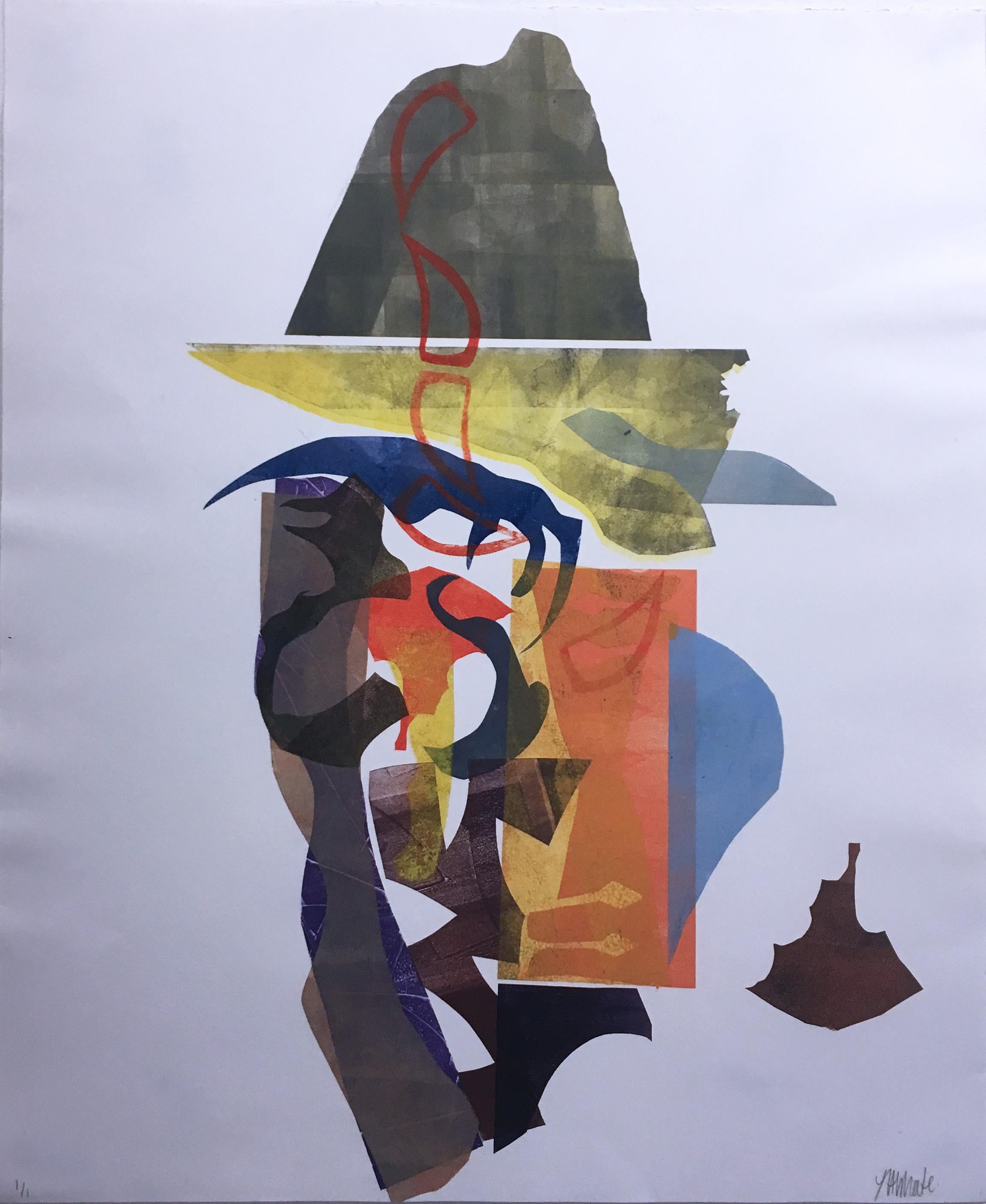 Loren Abbate Figurative Print - Park Ranger, 2018, monoprint, fantasy, rag paper, blue, orange