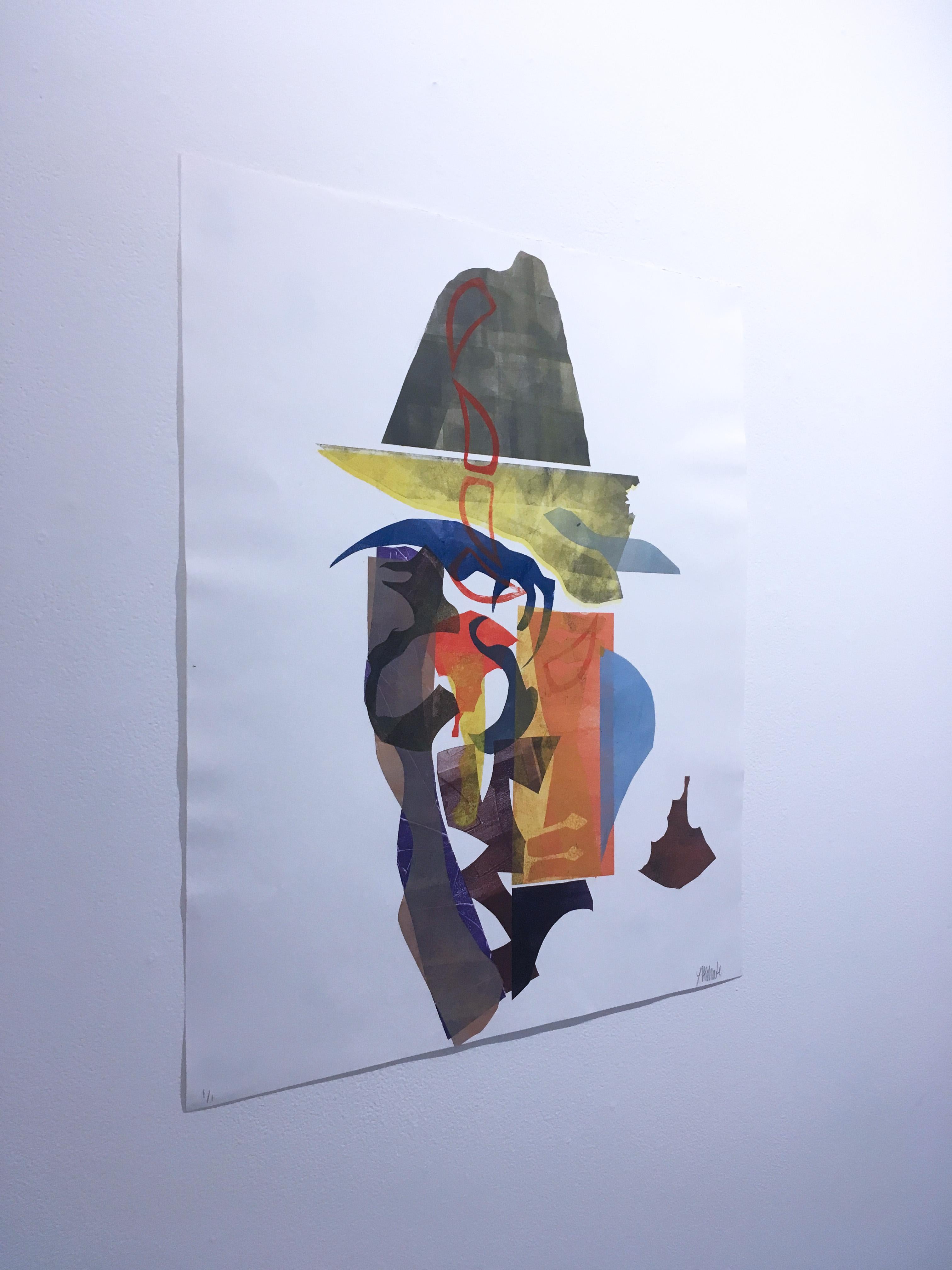 Park Ranger, 2018, monoprint, fantasy, rag paper, blue, orange - Contemporary Print by Loren Abbate