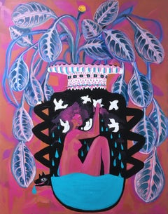 Maybe I Will Go Home, 2020, pink, acrylic, lime wash canvas, figurative, vase
