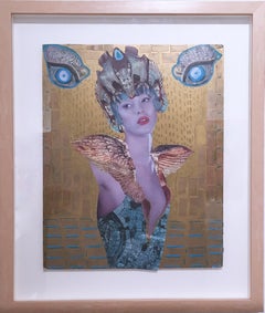 Golden Girl, 2012, collage on board, custom framed, gold, figurative, snake