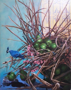 Sending a Message, acrylic on wood panel, figurative, bird, nest, fruit, blue