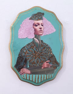 Jade, 2020, collage, green, acrylic, wood, pink, figurative, gold, woman
