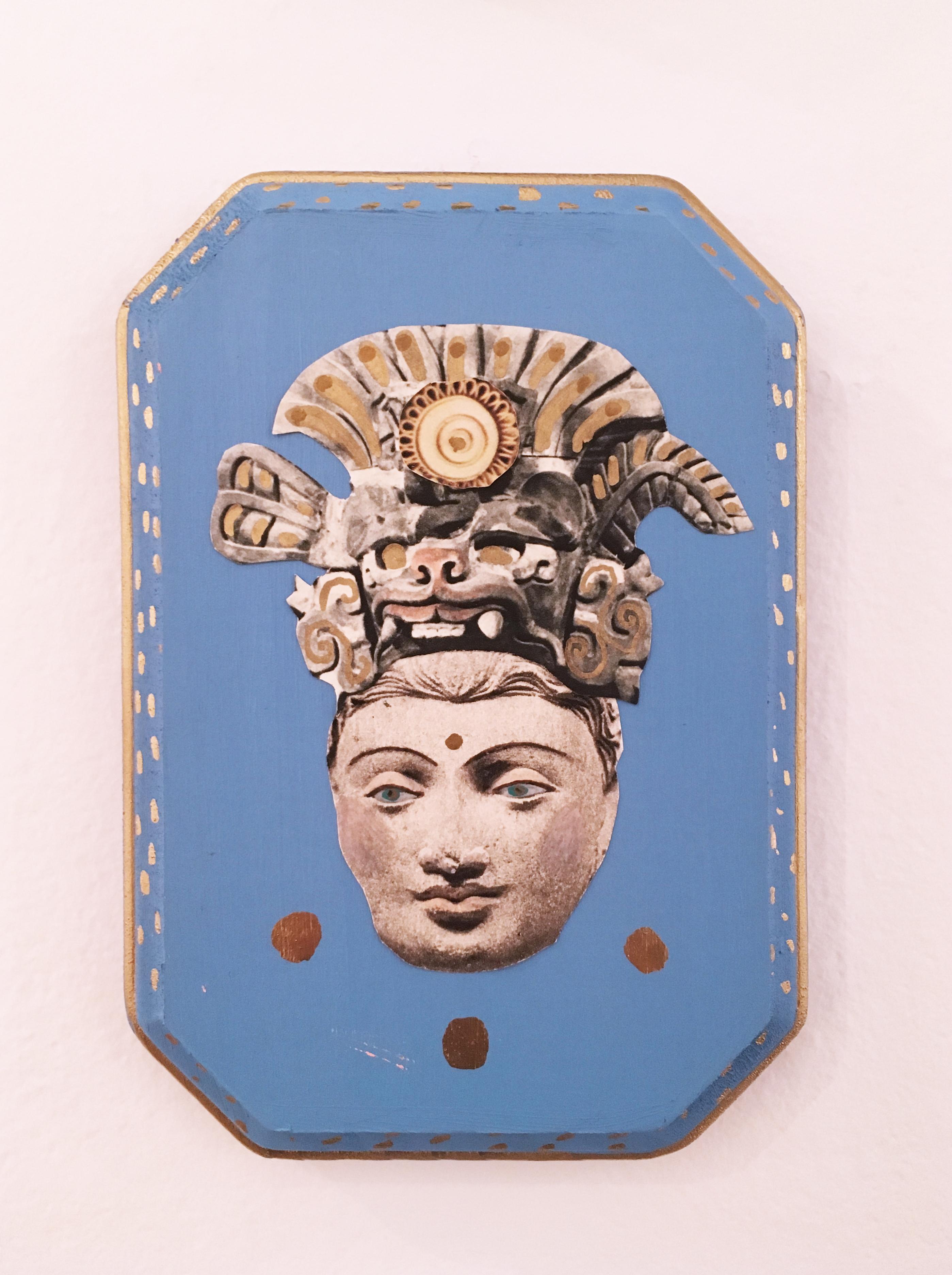 Idol, Idol, 2020, collage, blue, acrylic, wood, figurative, gold, headdress  - Art by Deming King Harriman