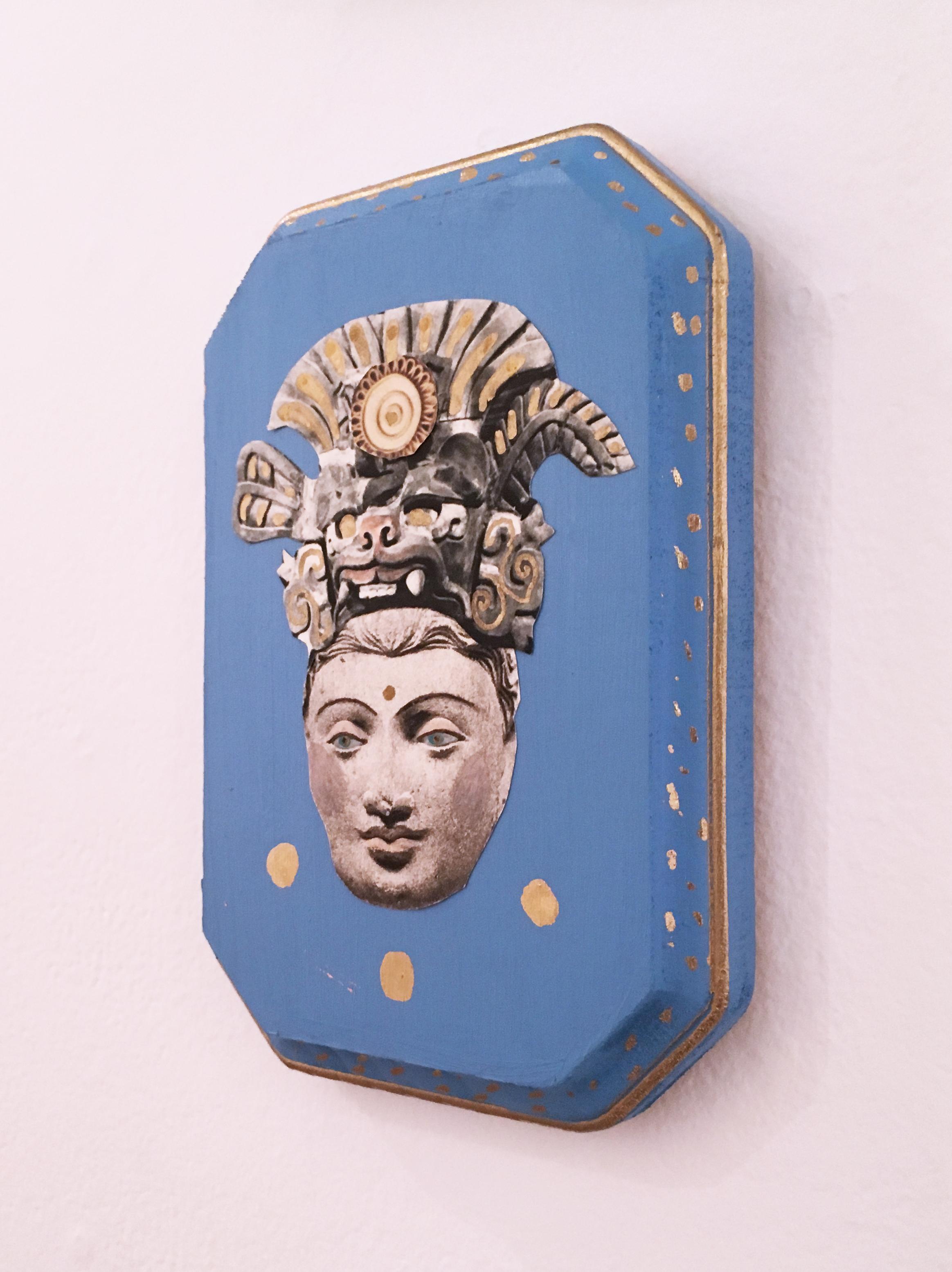 Idol, Idol, 2020, collage, blue, acrylic, wood, figurative, gold, headdress  - Contemporary Art by Deming King Harriman