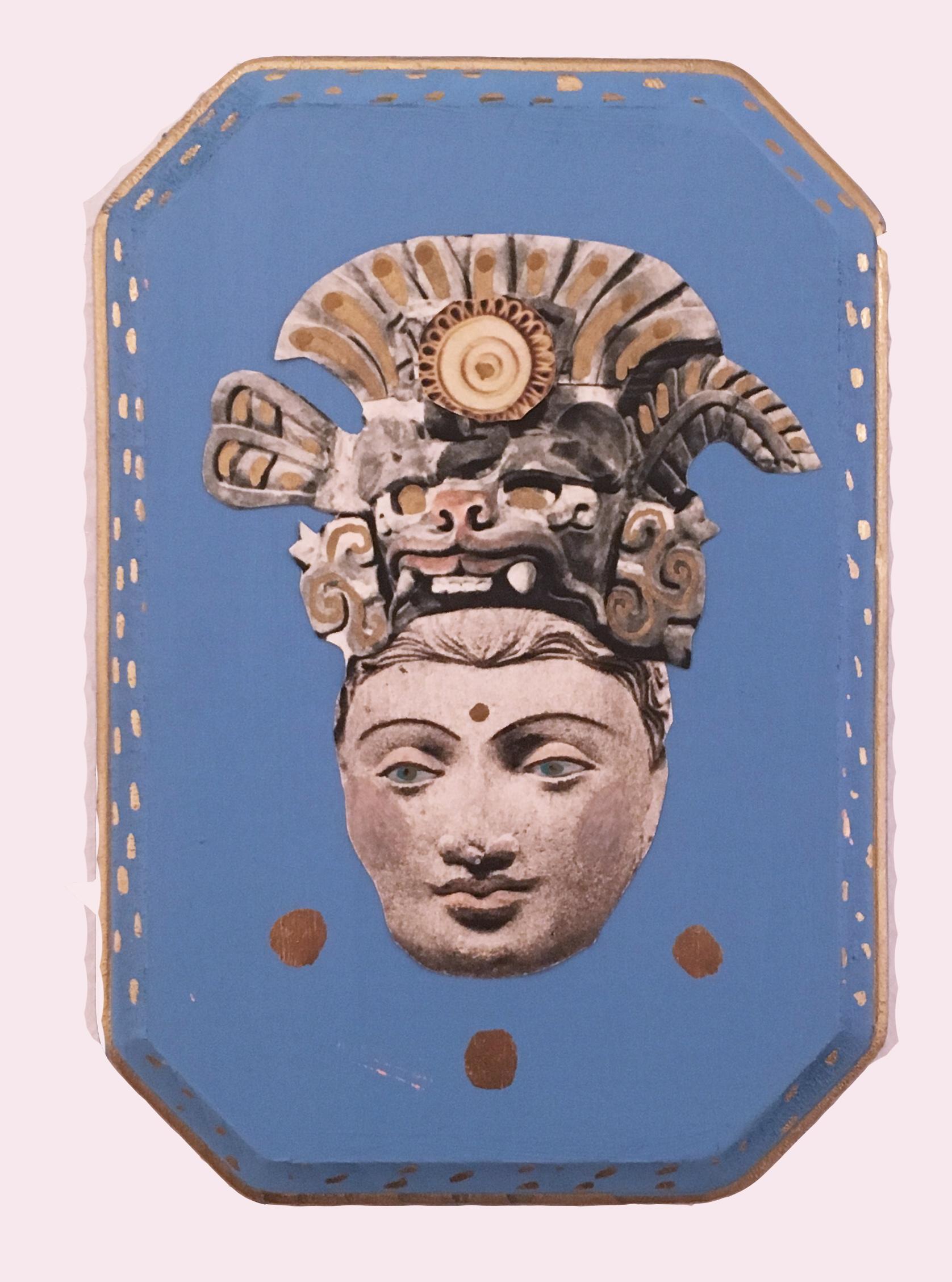 Idol, Idol, 2020, collage, blue, acrylic, wood, figurative, gold, headdress  1