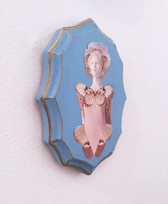 Butterfly Queen, 2020, collage, blue, acrylic, wood, statue, figurative, gold