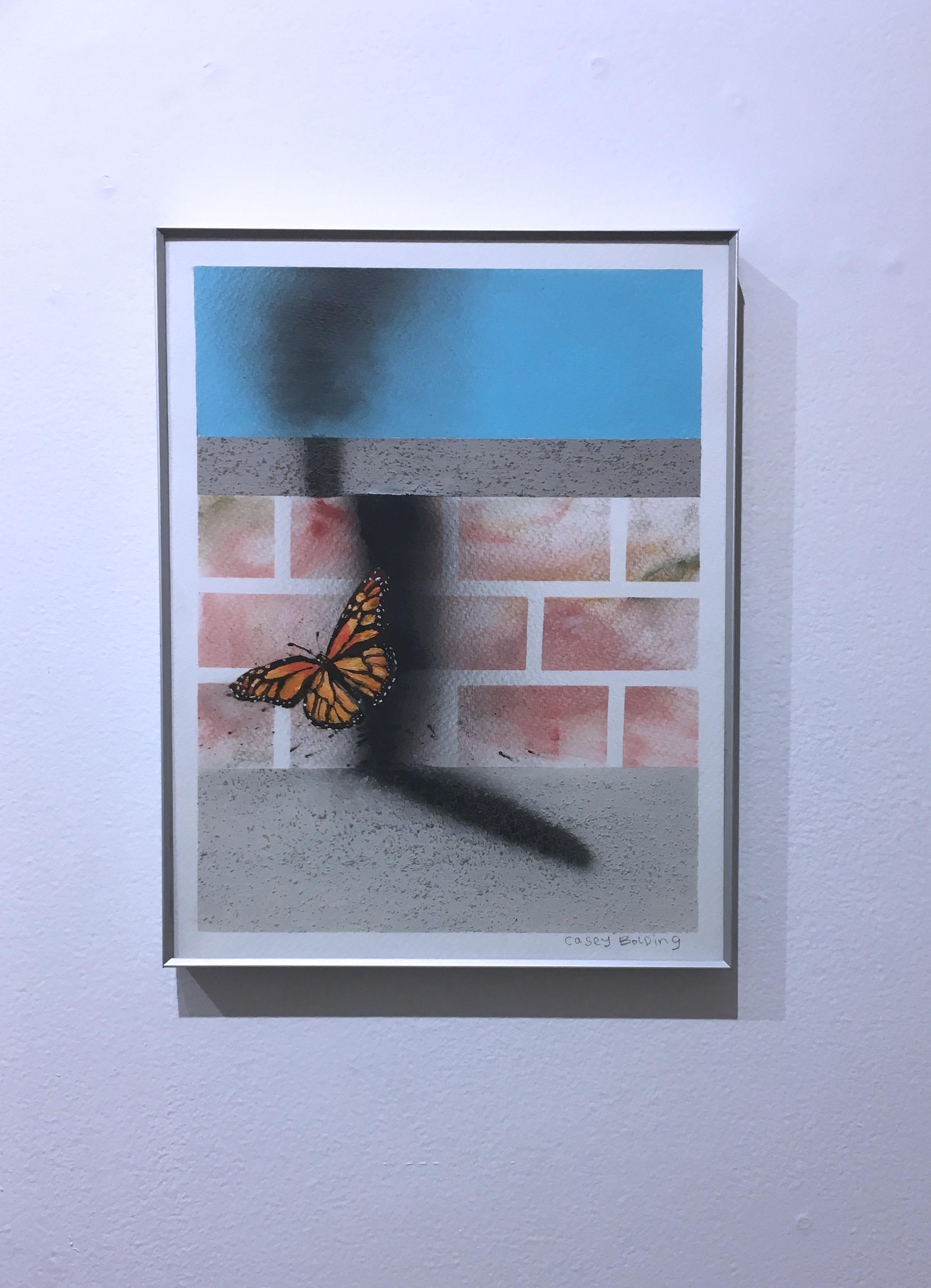 Untitled, (Butterfly), 2018, Monarch, sky blue & brick surreal cityscape, paper - Painting by Casey Bolding