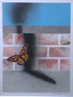 Sin título, (Mariposa), 2018, Monarca, paisaje urbano surrealista azul cielo y ladrillo, papel