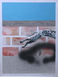 Untitled, (Dog), 2018, Dalmatian dog, sky blue & brick cityscape, surreal, paper