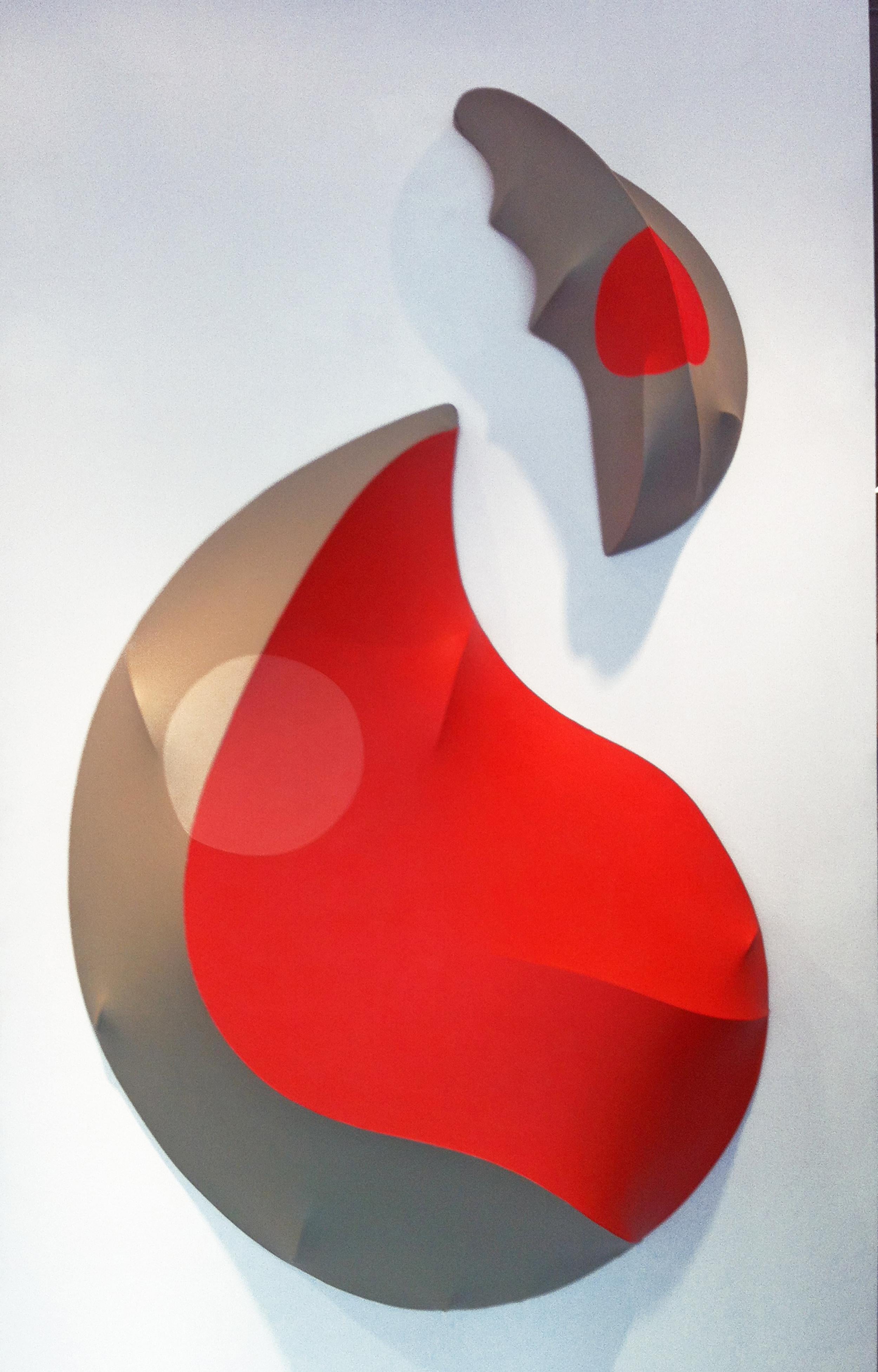 Acrylic on 3-D stretched canvas, dimensions listed for piece as shown. Dimensions are variable depending on hanging formation. Wall sculpture, cream, fire red, and earthy beige gray.  Gorgeous, large scale wall sculpture that the artist calls three