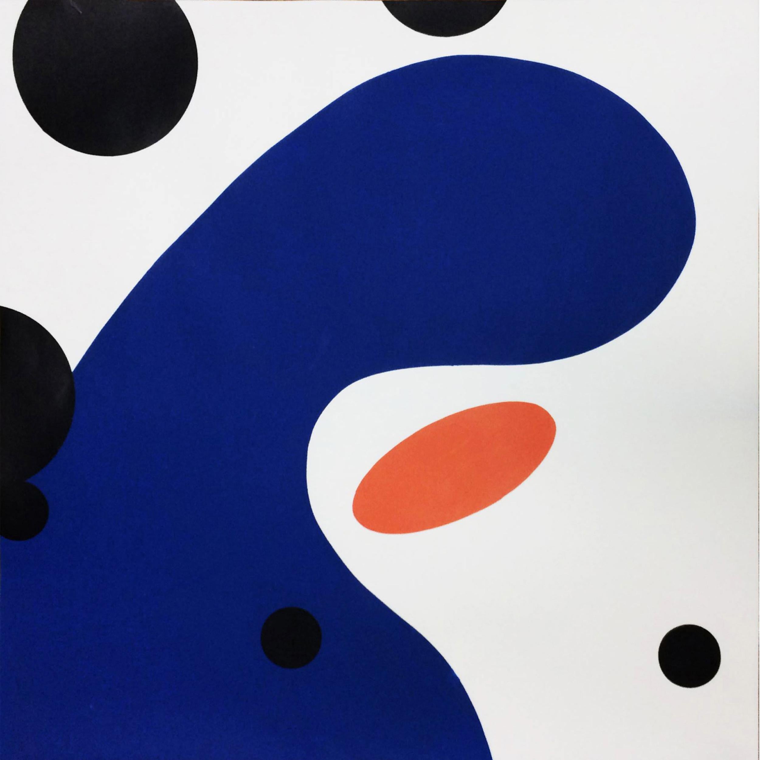 Cooperative Kinetics #16, monoprint astratto blu, arancione e nero su carta