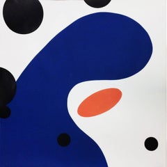 Cooperative Kinetics #16, blue, orange & black abstract monoprint on paper