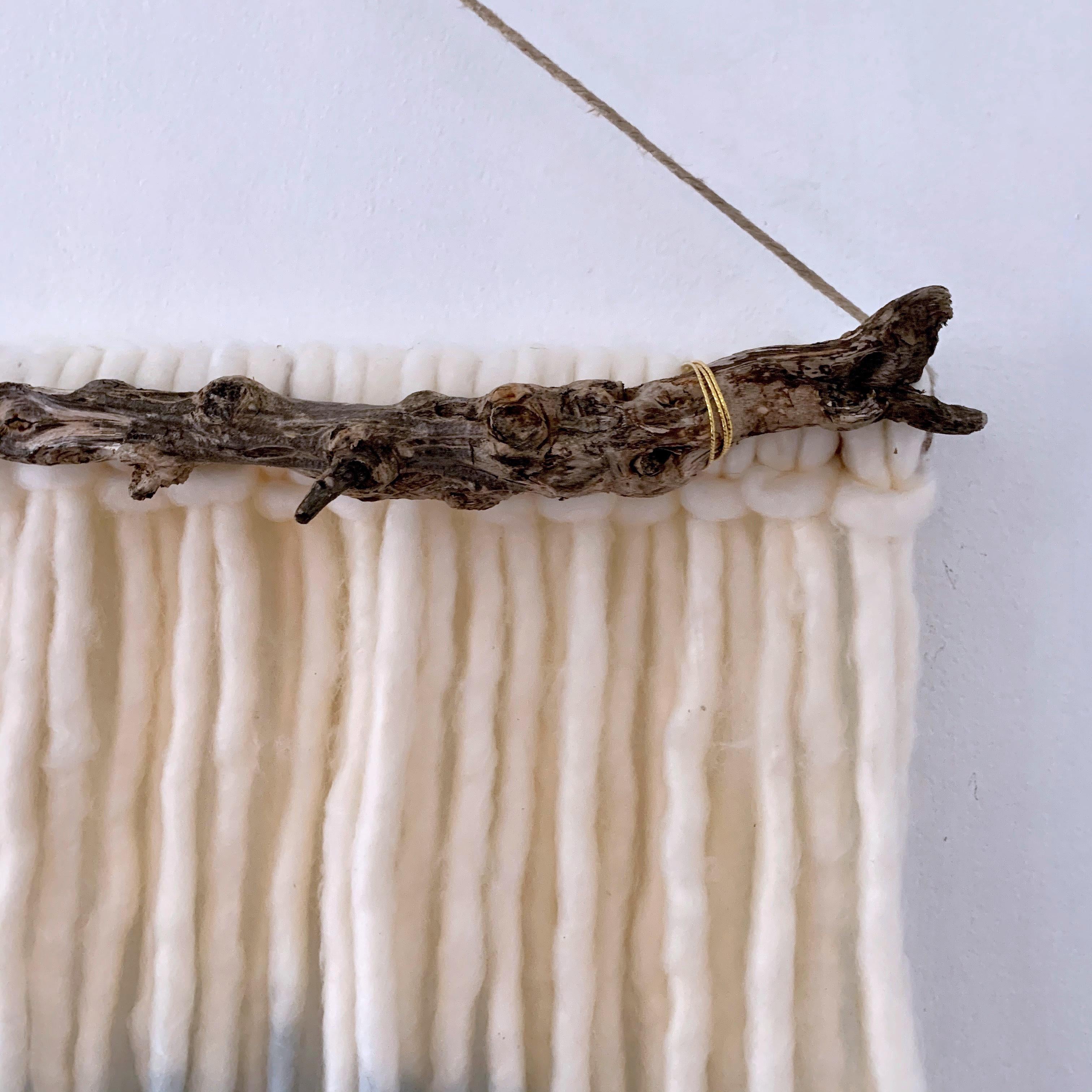 Shadow Dive, 2020, hand dyed Alpaca wool, drift wood, wire, copper pole, jute, decorative wall hanging.