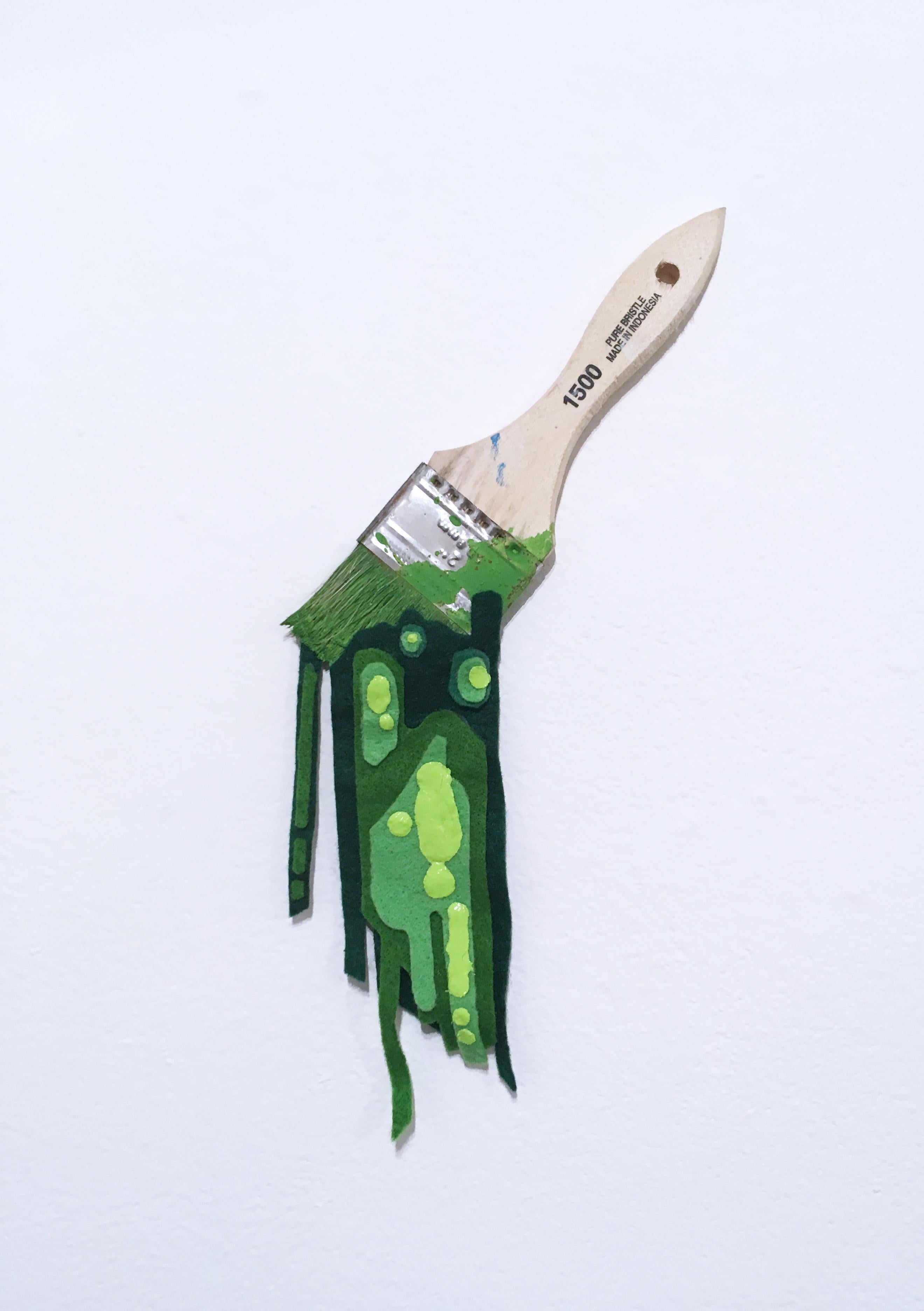 Tool of the Trade Brush #2, 2018, paint brush, drips, graffiti, green, wood - Mixed Media Art by Unknown