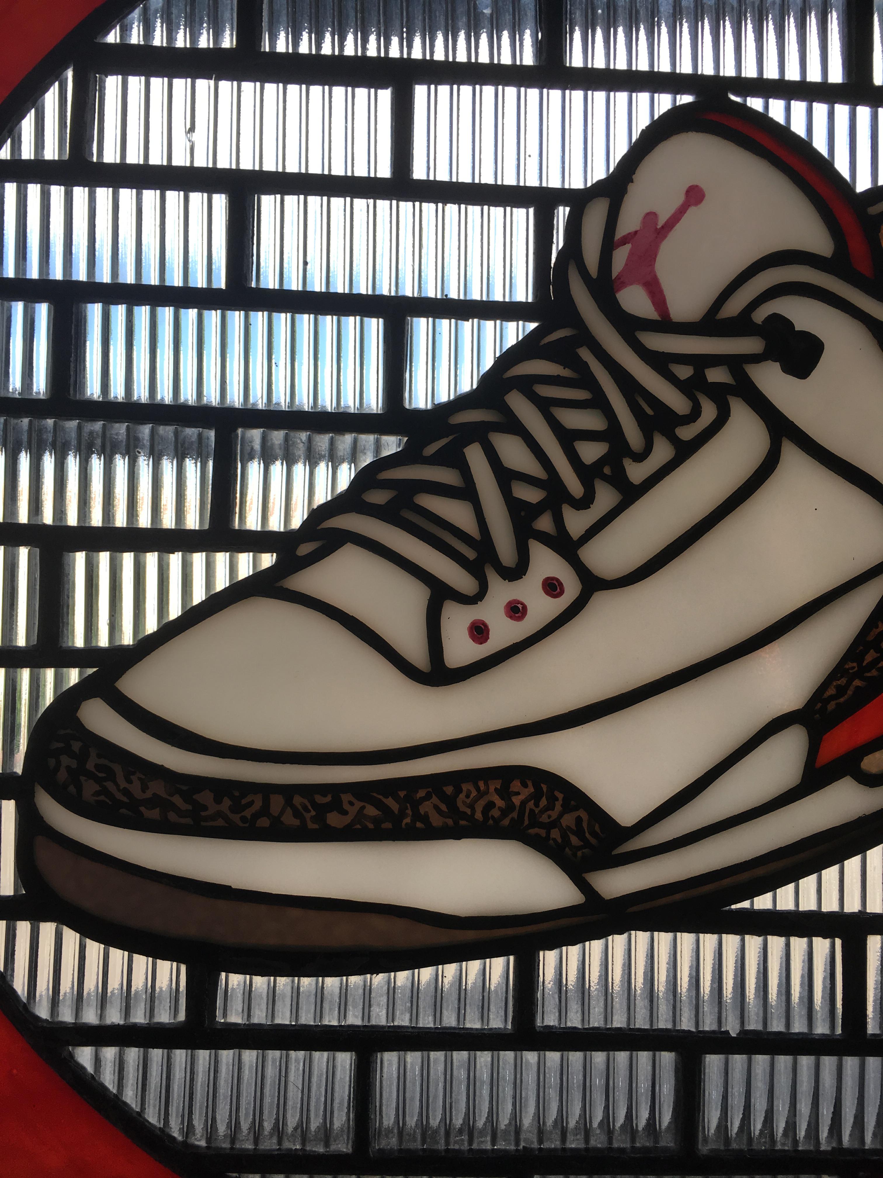Jordan III, 2020, Stained Glass window, Nike, White, Red, Sneaker, Air Jordan - Contemporary Mixed Media Art by TF Dutchman