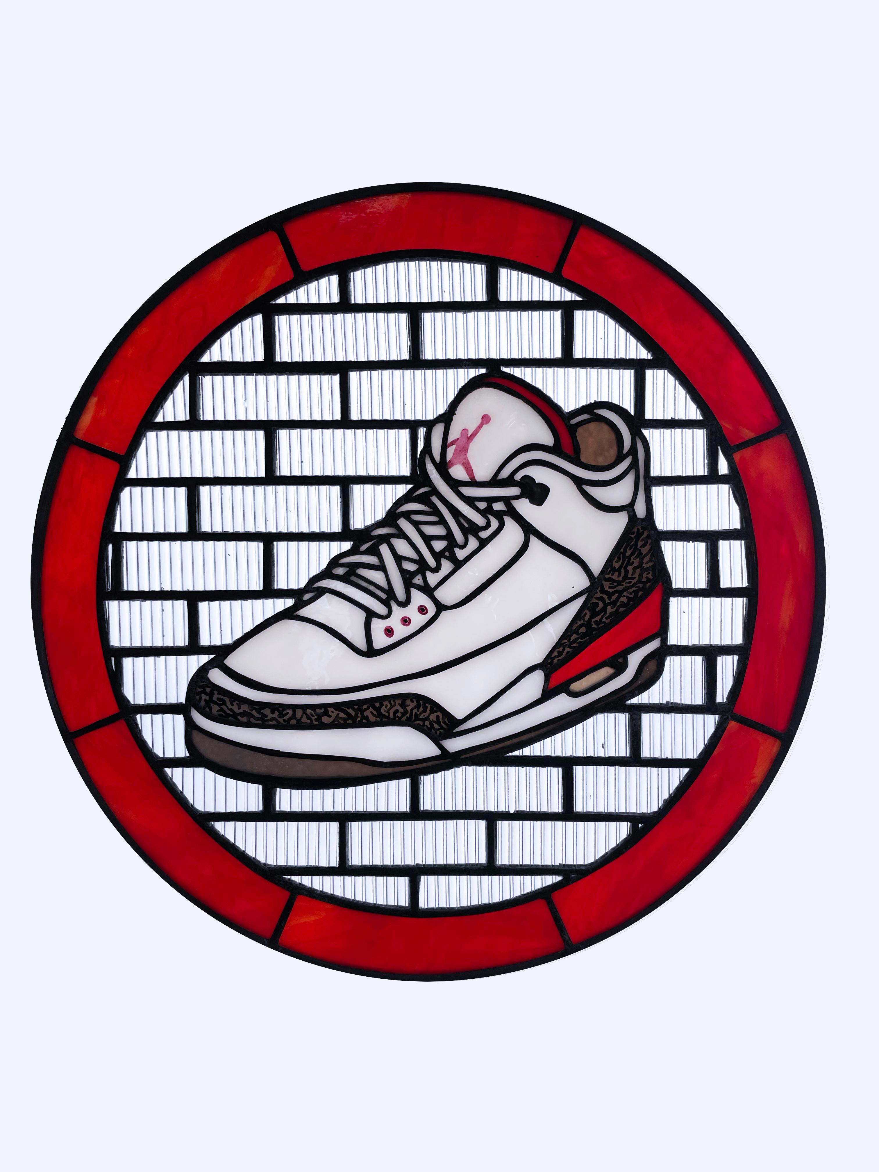 Jordan III, 2020, Stained Glass window, Nike, White, Red, Sneaker, Air Jordan - Mixed Media Art by TF Dutchman