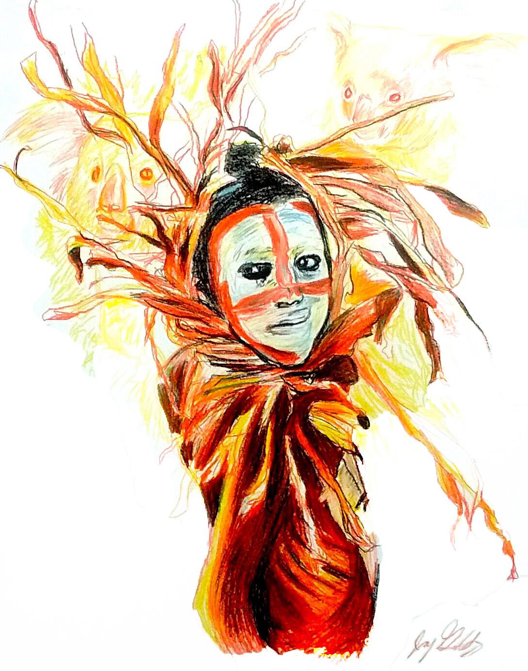 Animal Art Jay Golding - Fire (Koala Spirit), 2017, figuratif, jaune, orange, dessin, tribal, MarYah