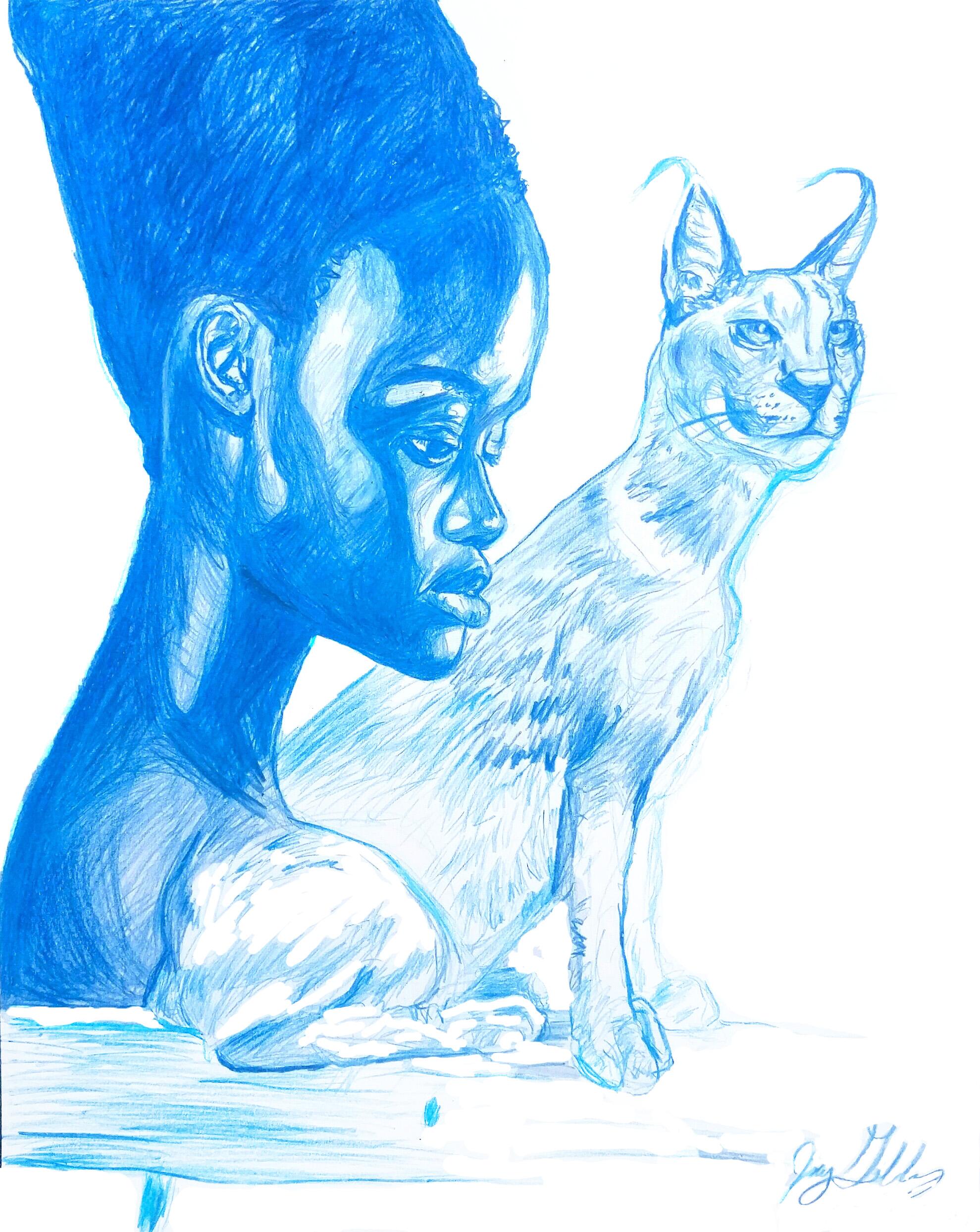 Water (Caracal Spirit), 2017, figurative, blue, drawing, tribal, MarYah