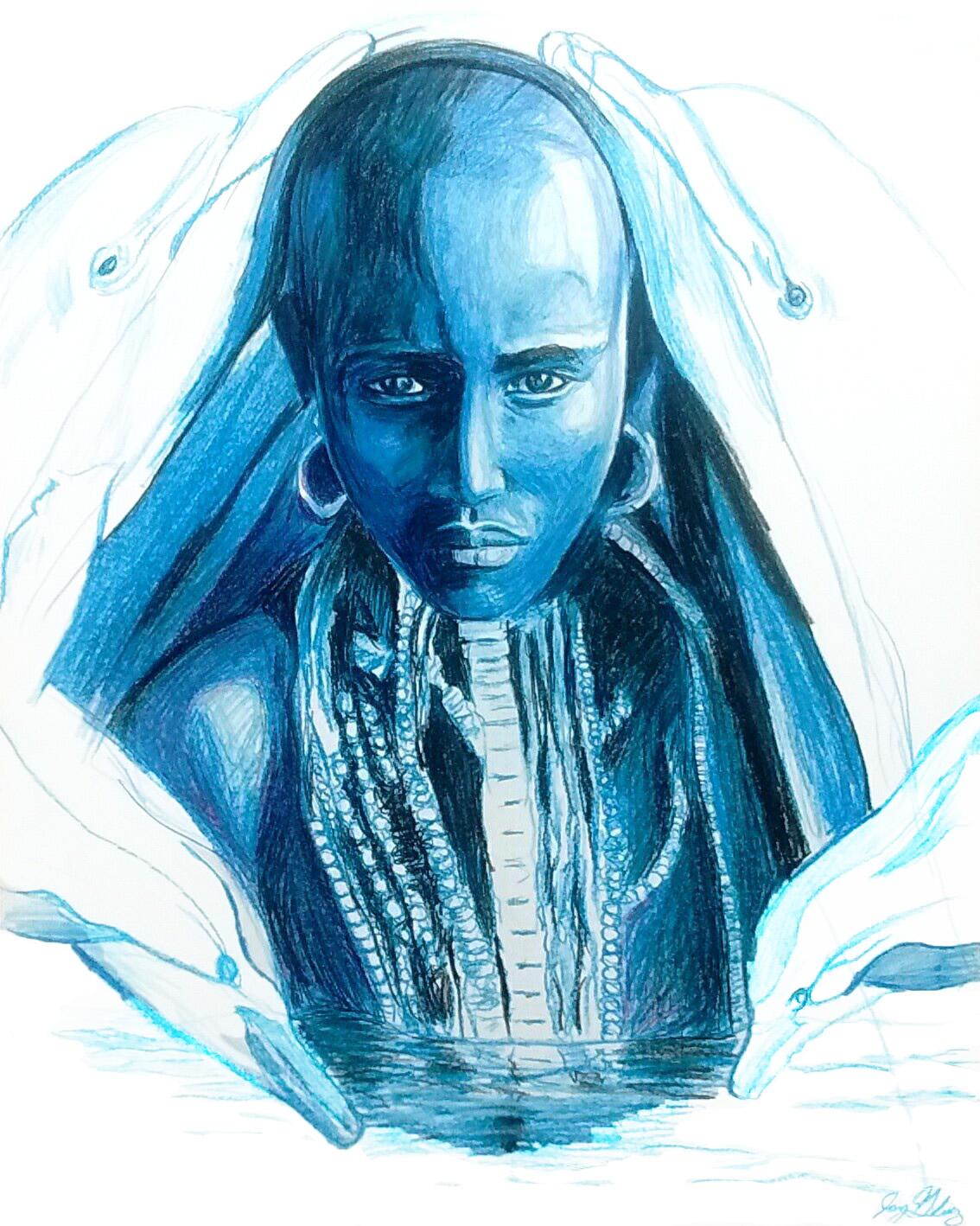 Water (Dolphin Spirit), 2017, figurative, blue, drawing, tribal, MarYah