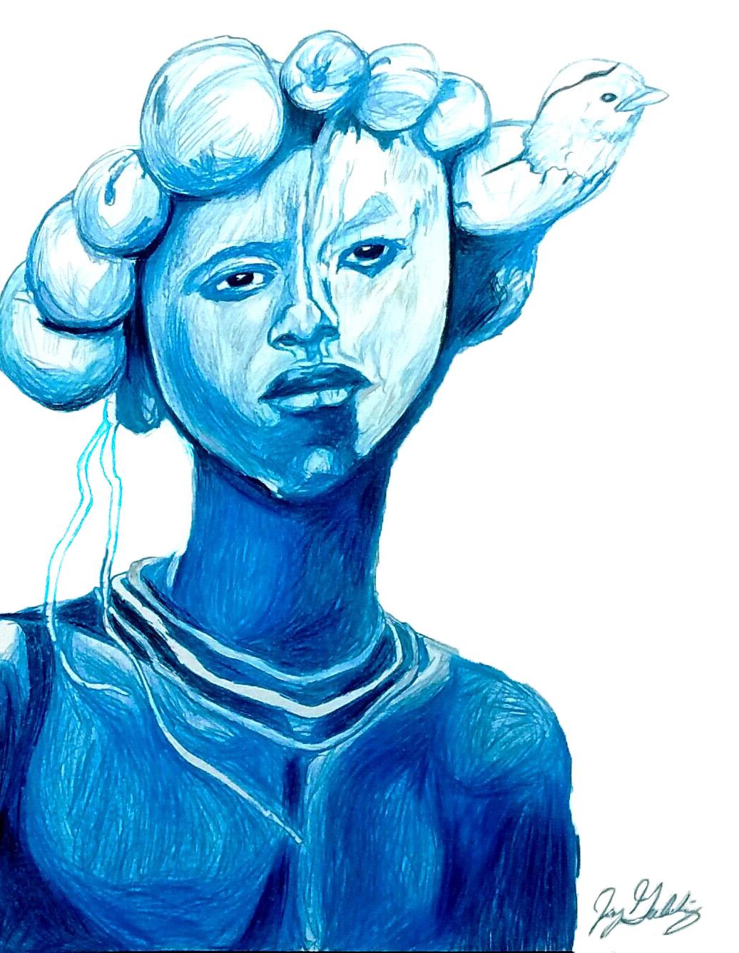 Water (Dove Spirit), 2017, figurative, blue, drawing, tribal, MarYah