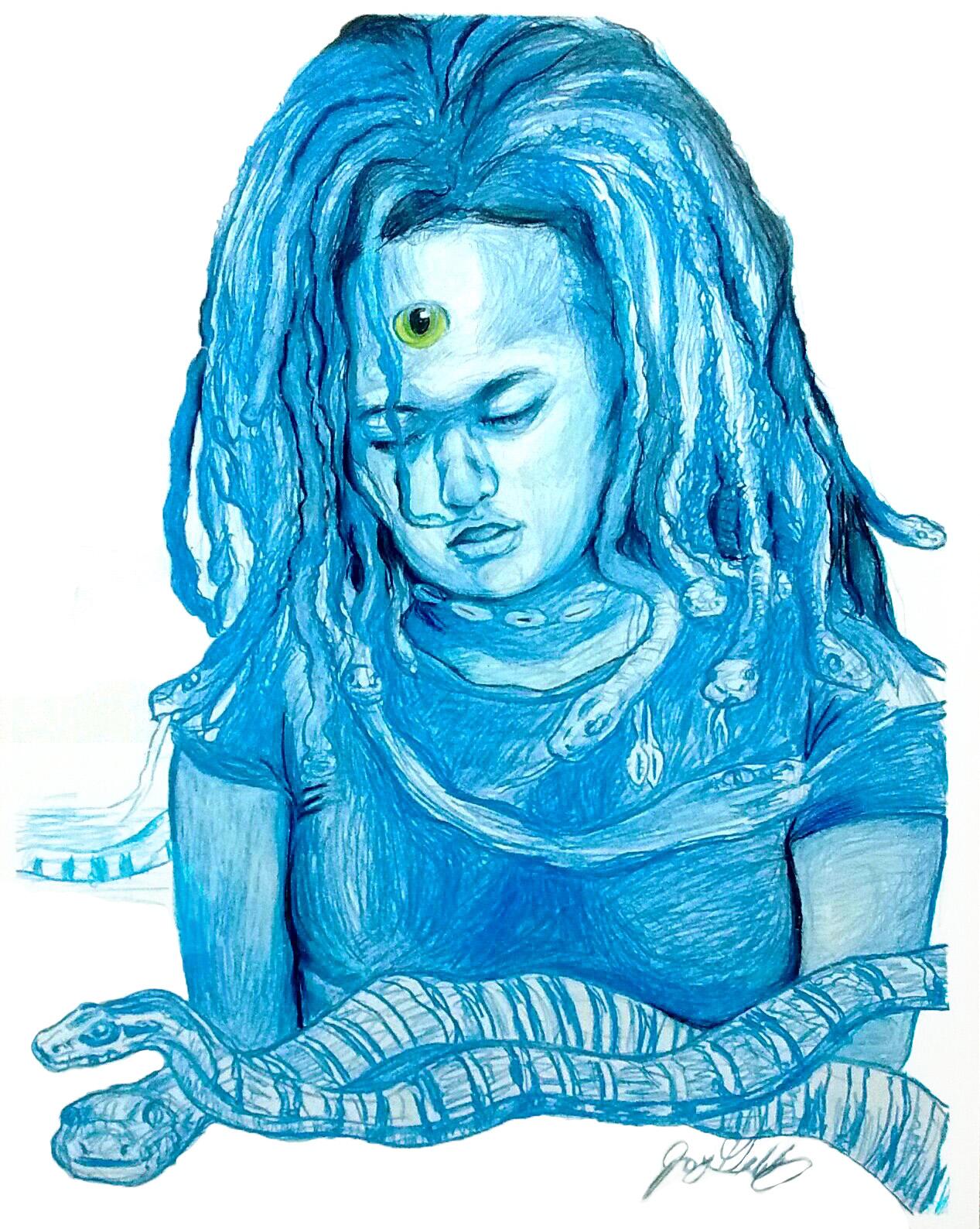 Aquarelle (Esprit Serpent), 2017, figuratif, bleu, dessin, tribal, MarYah