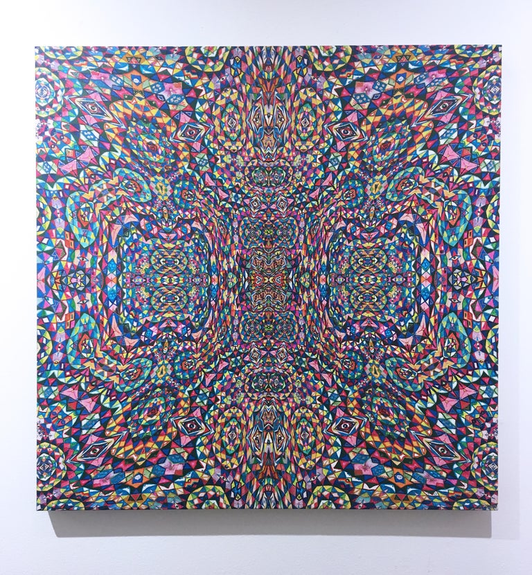 Totem, 2020, acrylic, oil, marker, liquid gold leaf, op-art, pattern, red, blue - Abstract Geometric Mixed Media Art by Alex Tea