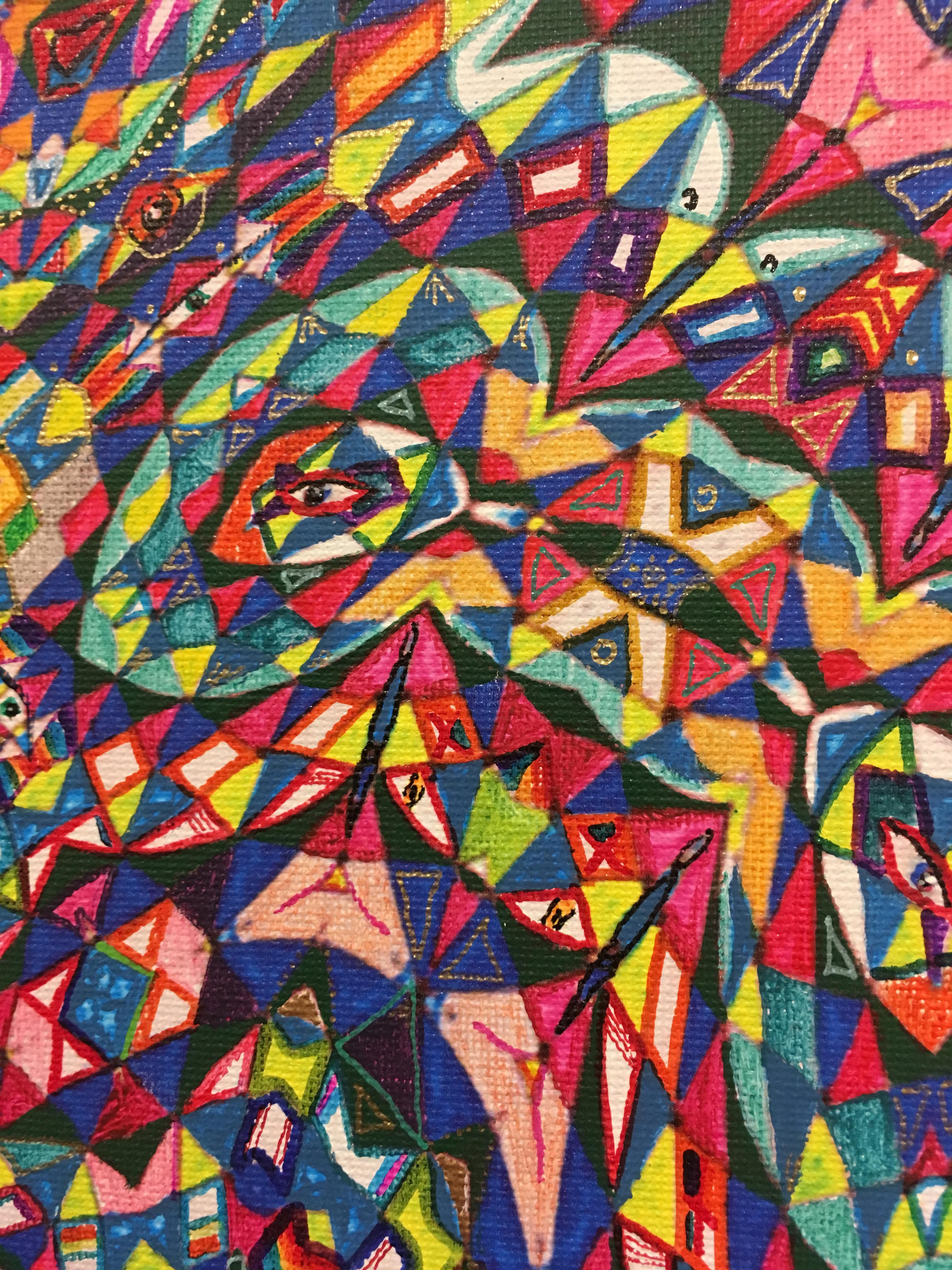 Totem, 2020, acrylic, oil, artist marker, liquid gold leaf, op-art, pattern, red, blue, yellow.







 