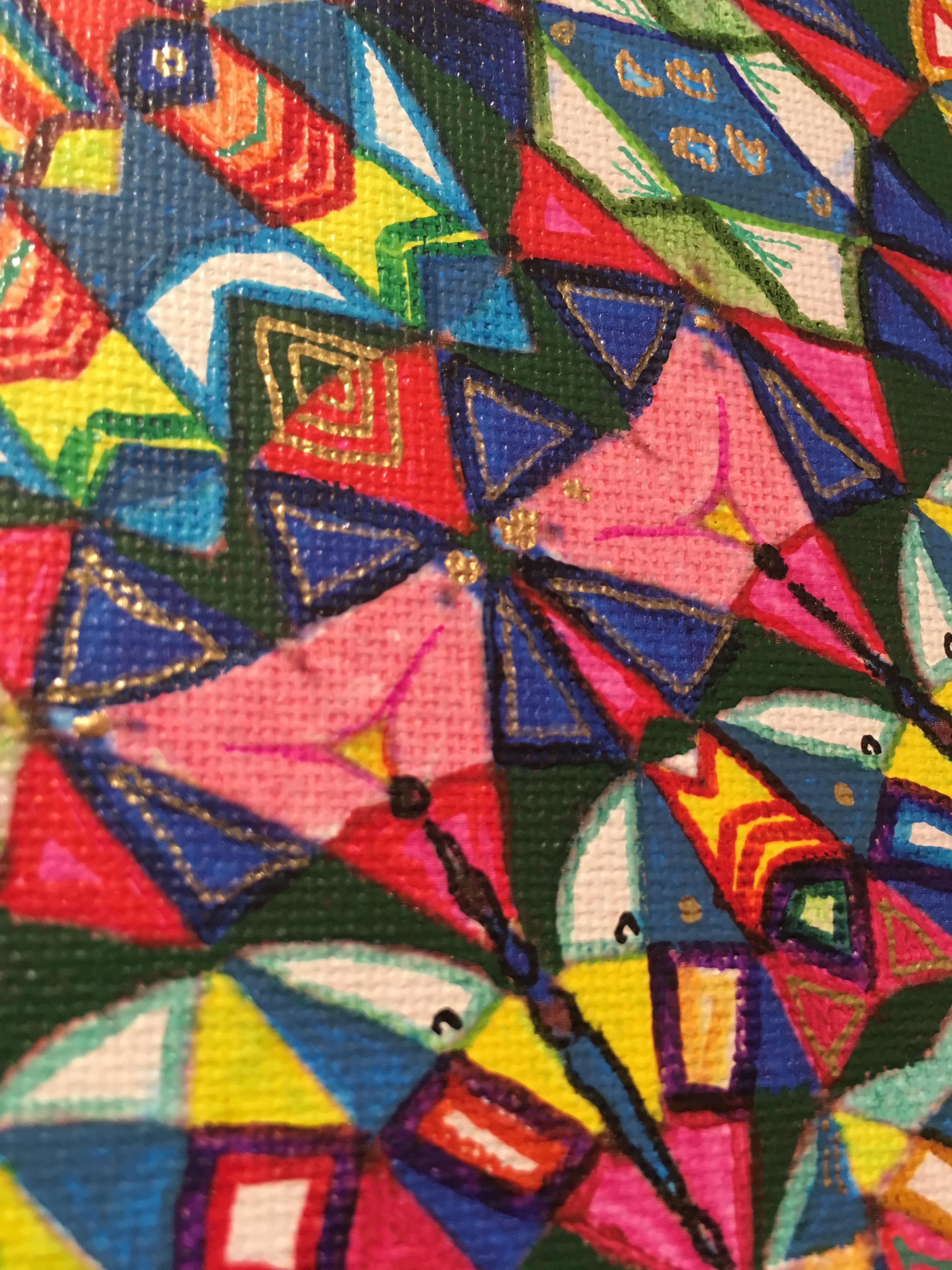 Totem, 2020, acrylic, oil, marker, liquid gold leaf, op-art, pattern, red, blue - Abstract Geometric Mixed Media Art by Alex Tea